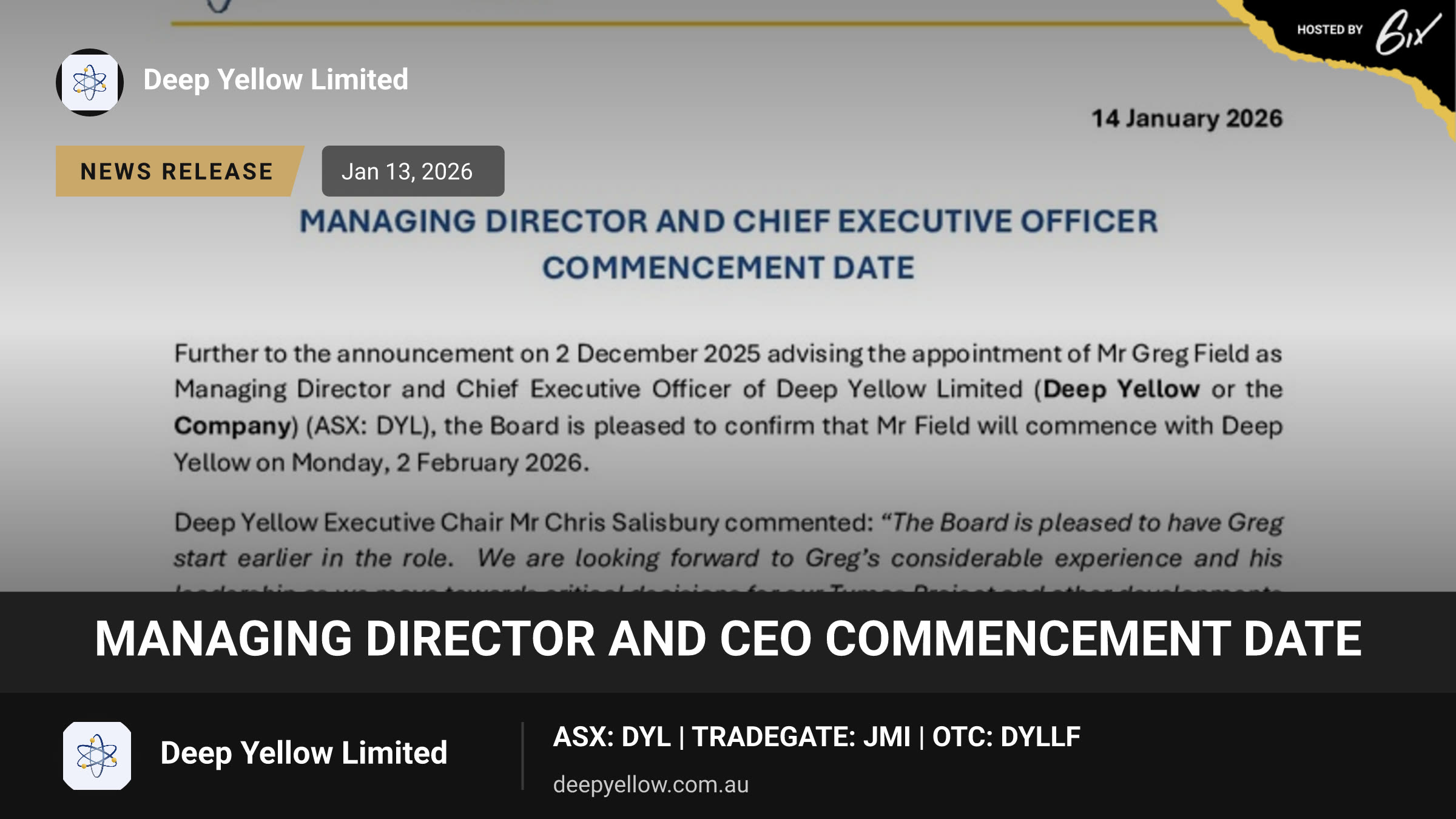 Managing Director and CEO Commencement Date