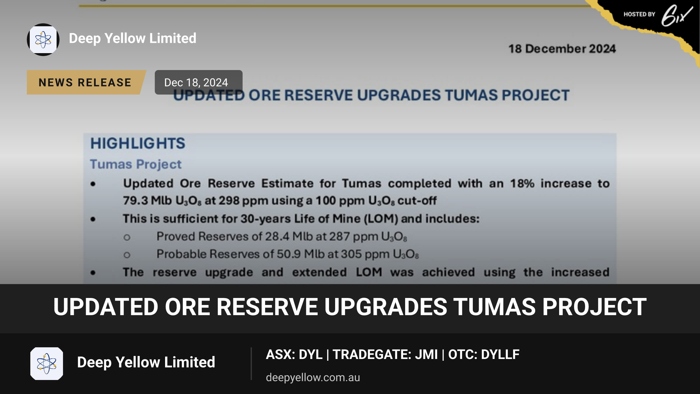 Updated Ore Reserve Upgrades Tumas Project