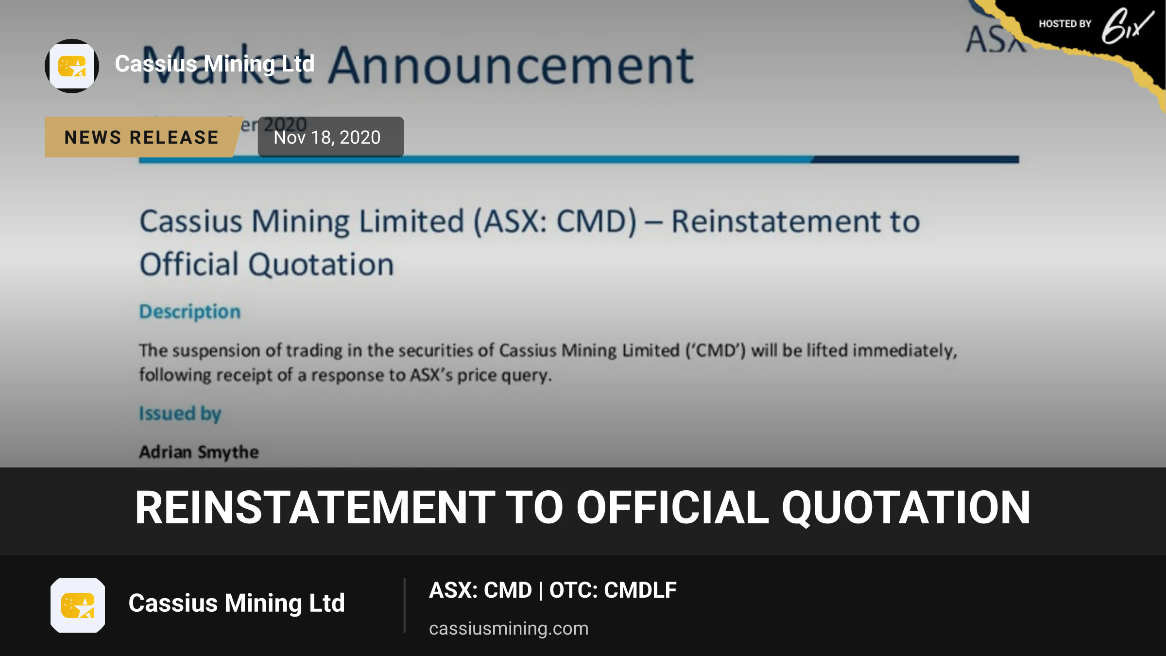 Reinstatement to Official Quotation