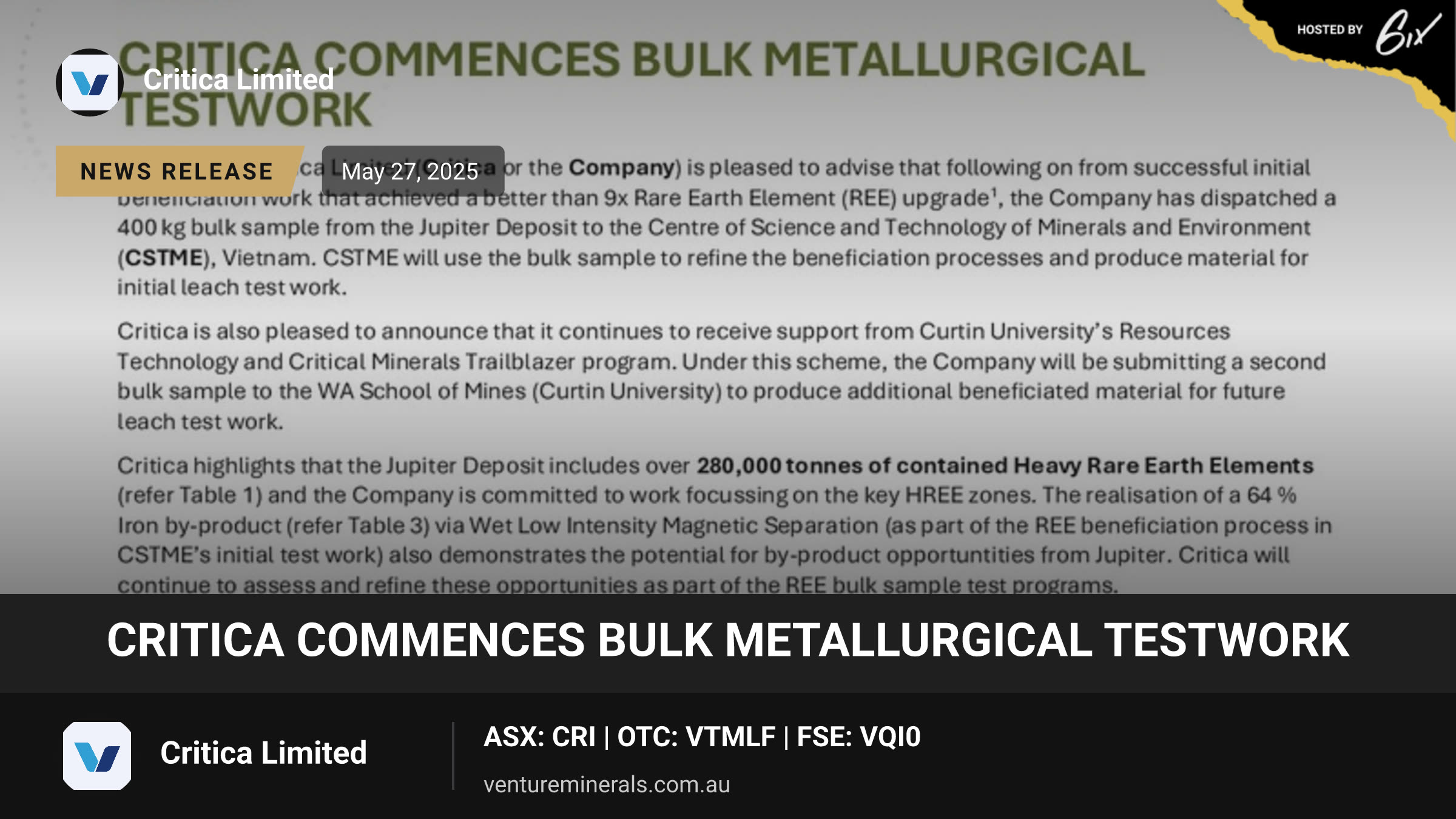 Critica Commences Bulk Metallurgical Testwork