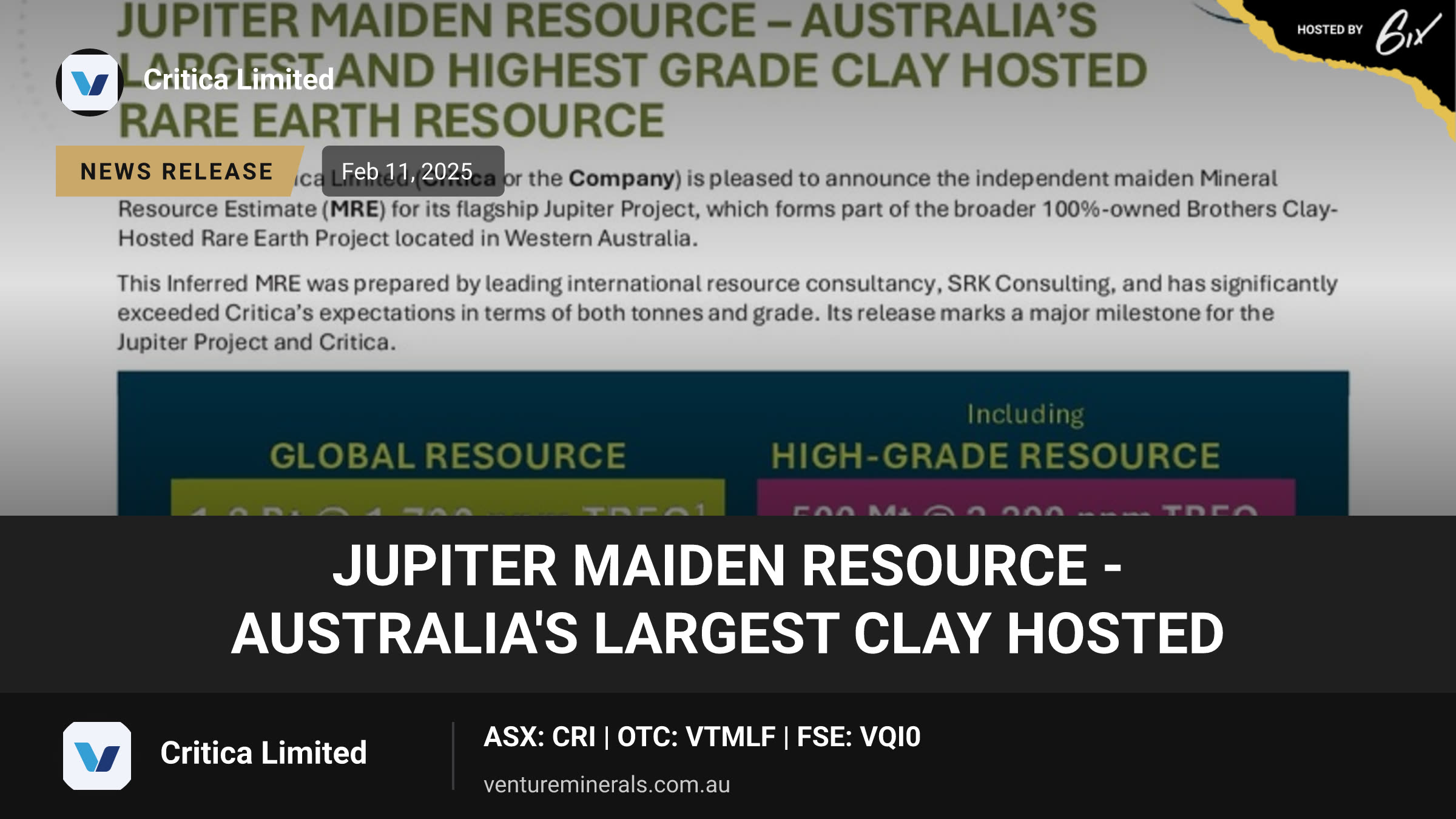Jupiter Maiden Resource - Australia's Largest Clay Hosted