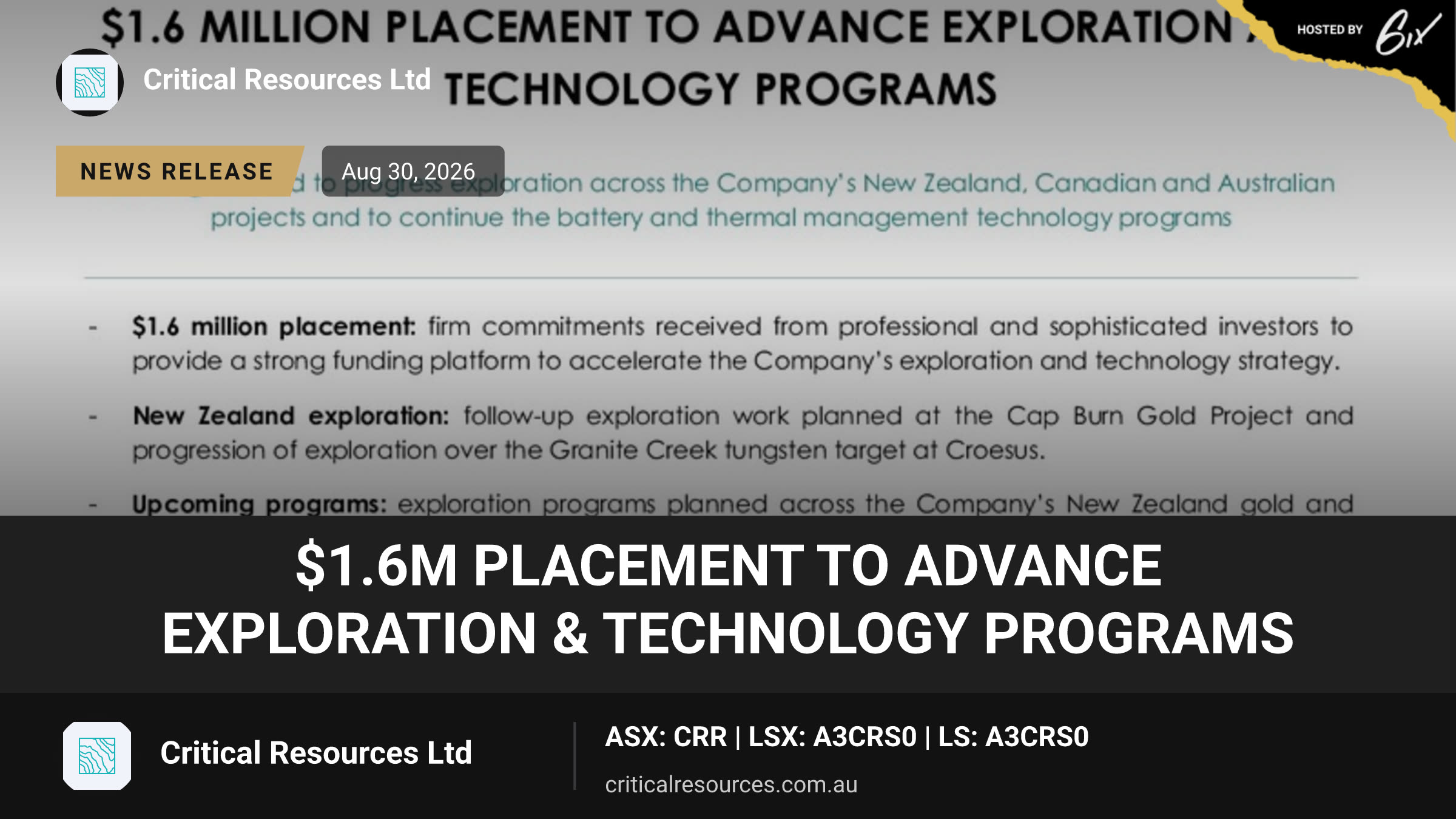 $1.6M Placement to Advance Exploration & Technology Programs