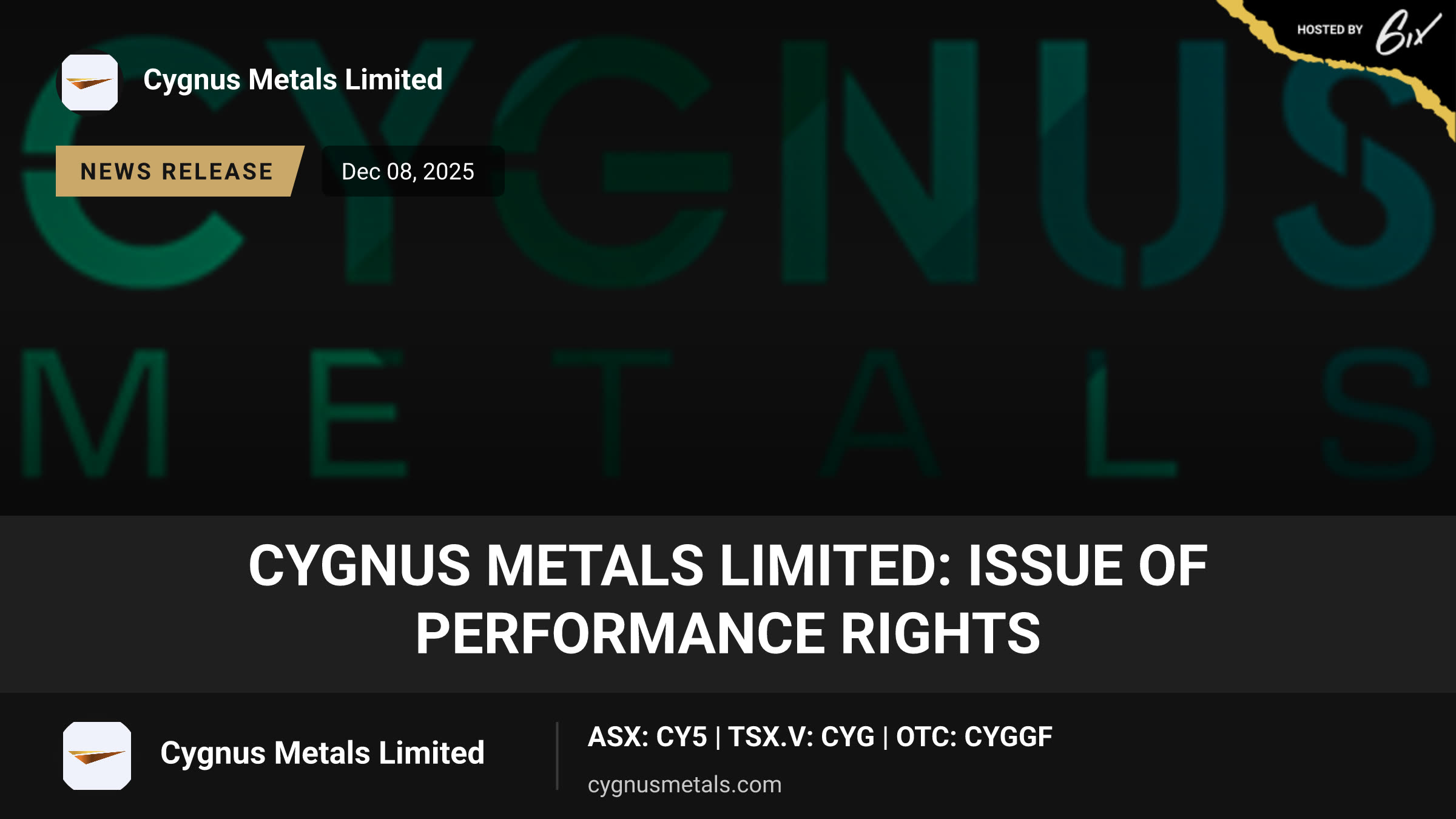 Cygnus Metals Limited: Issue of Performance Rights