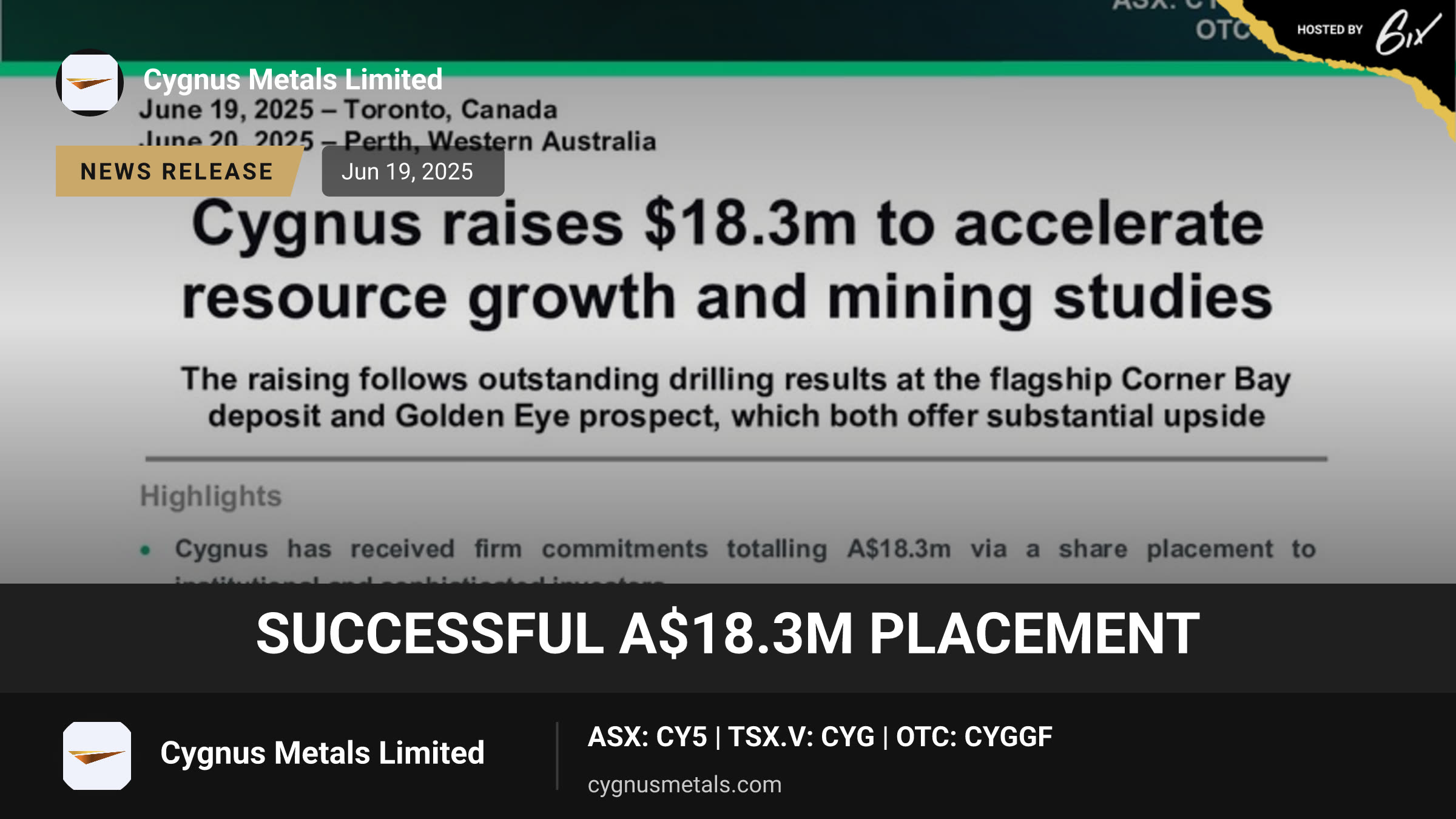 Successful A$18.3m Placement