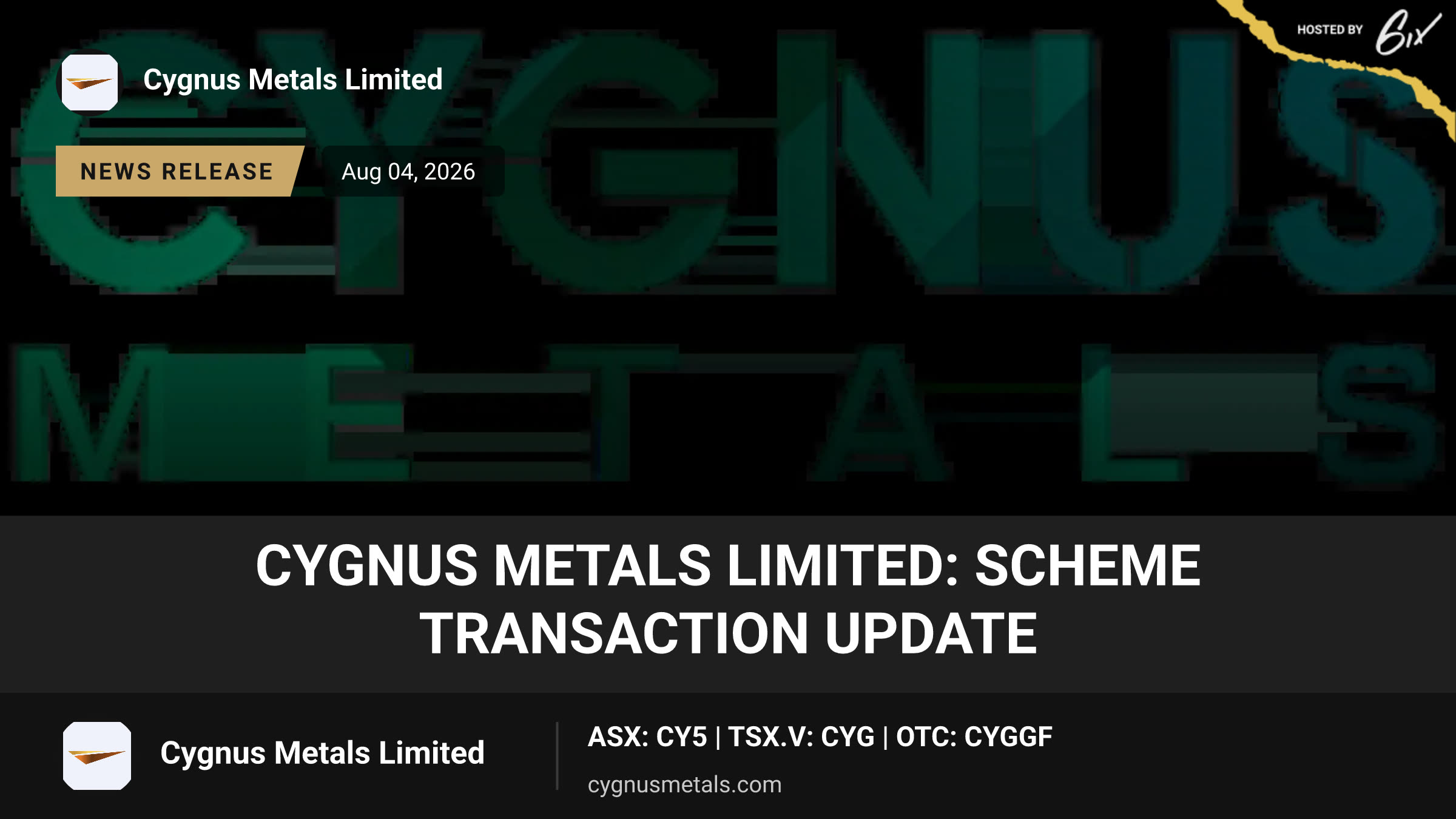 Cygnus Metals Limited: Scheme Transaction Update