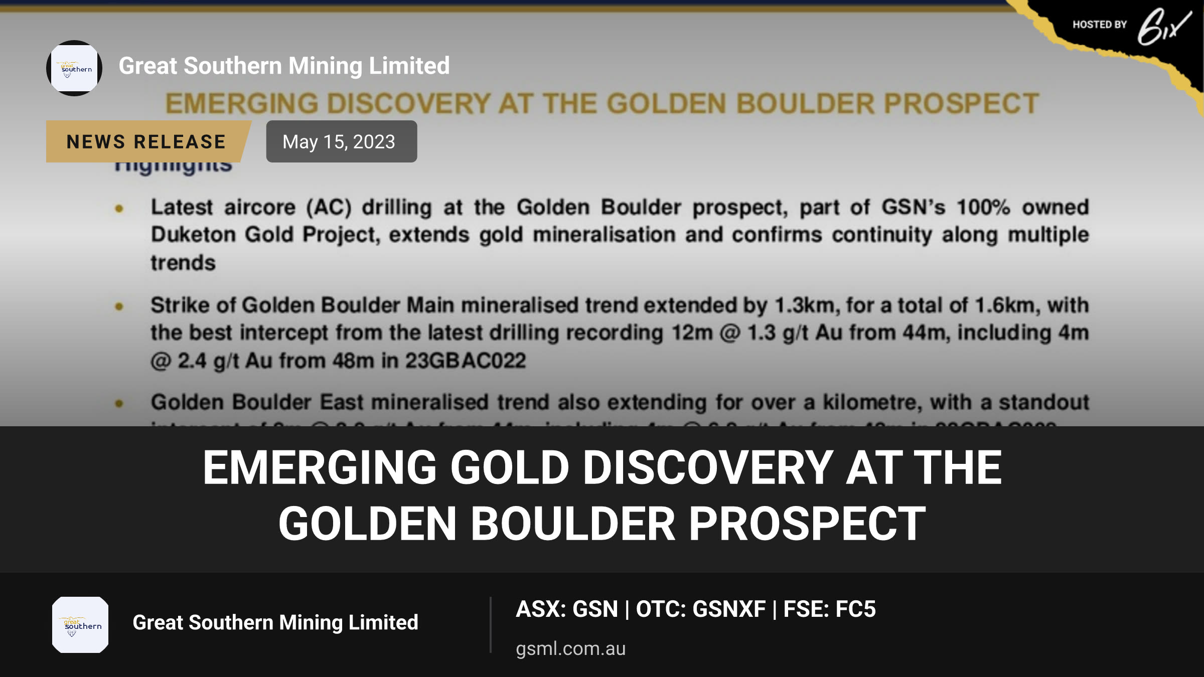 Emerging gold discovery at the Golden Boulder prospect