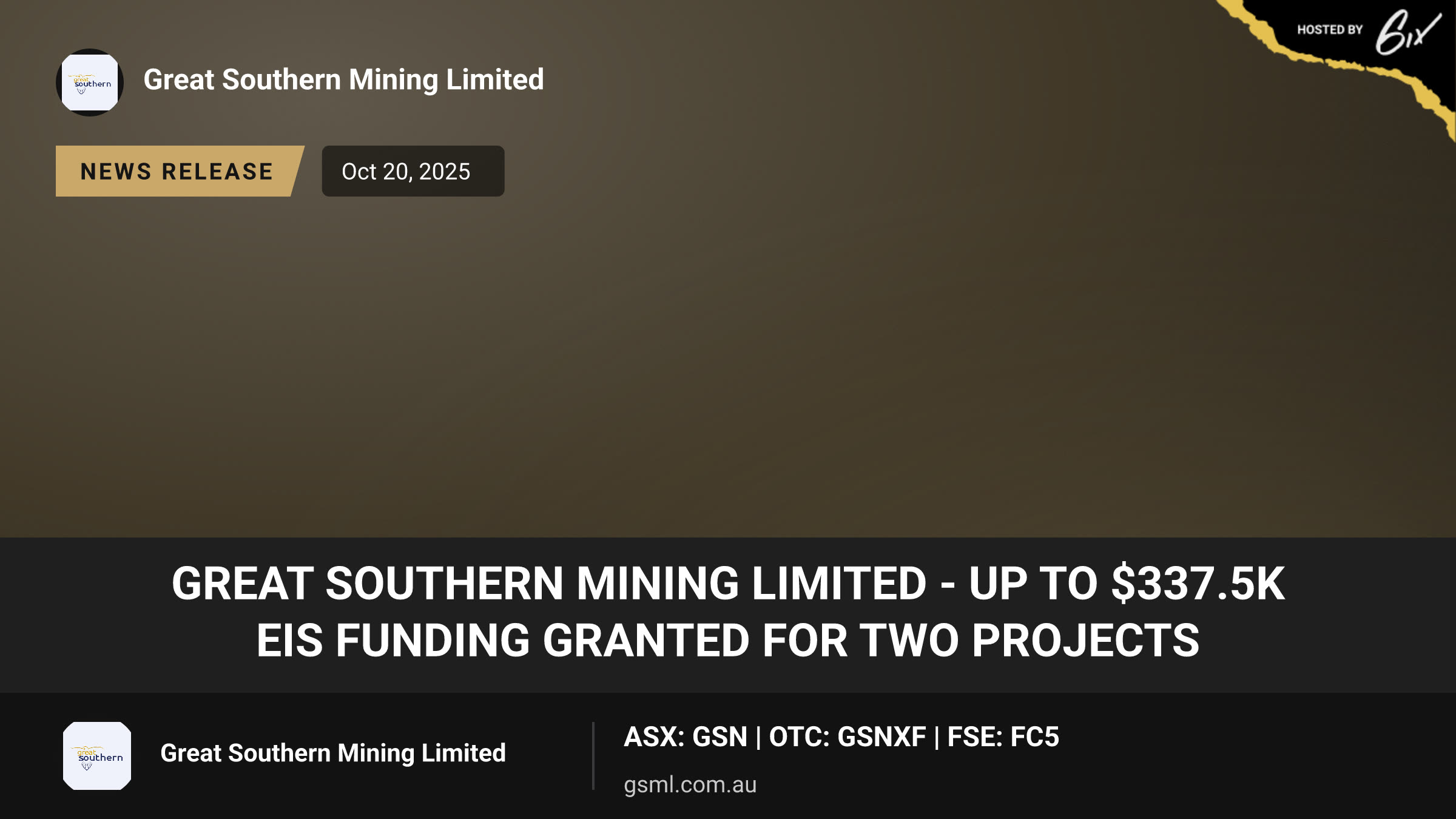 Great Southern Mining Limited - UP TO $337.5K EIS FUNDING GRANTED FOR TWO PROJECTS