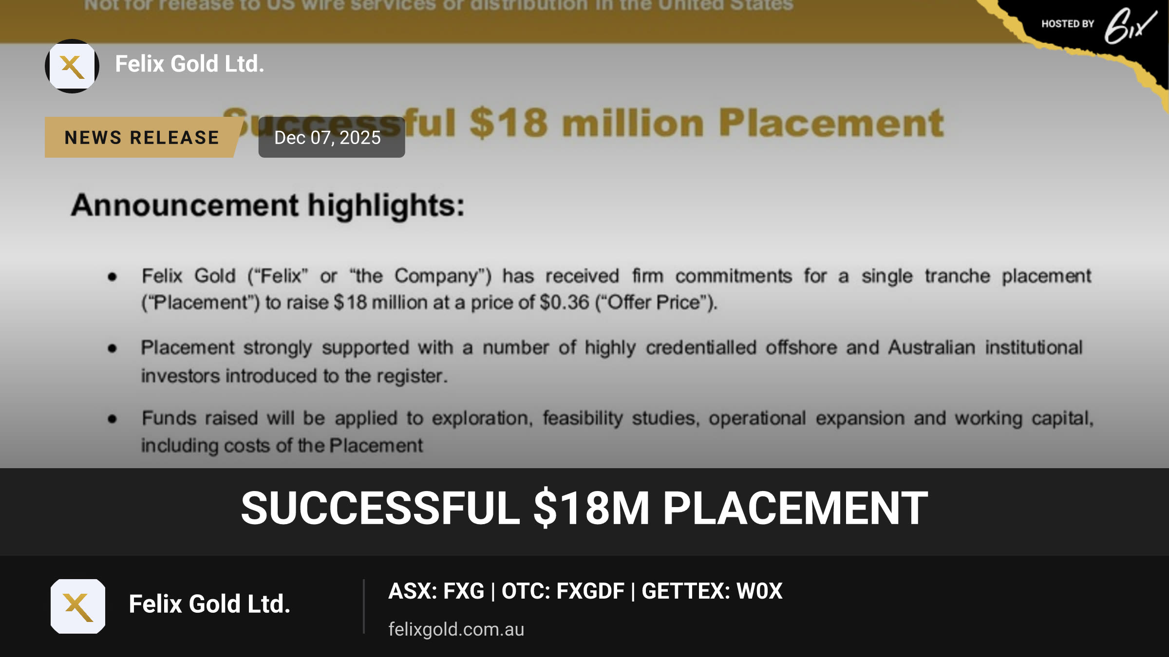 Successful $18m Placement