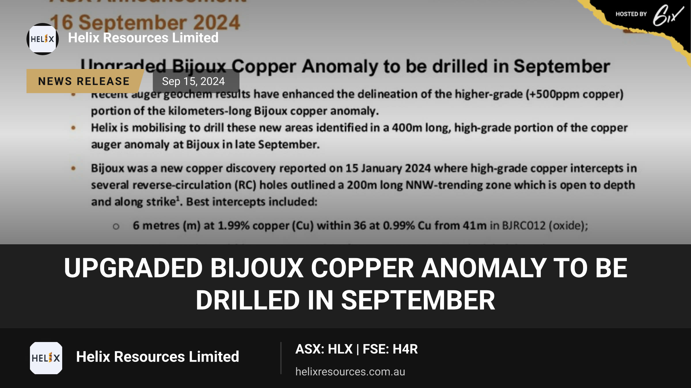 Upgraded Bijoux Copper Anomaly to be drilled in September