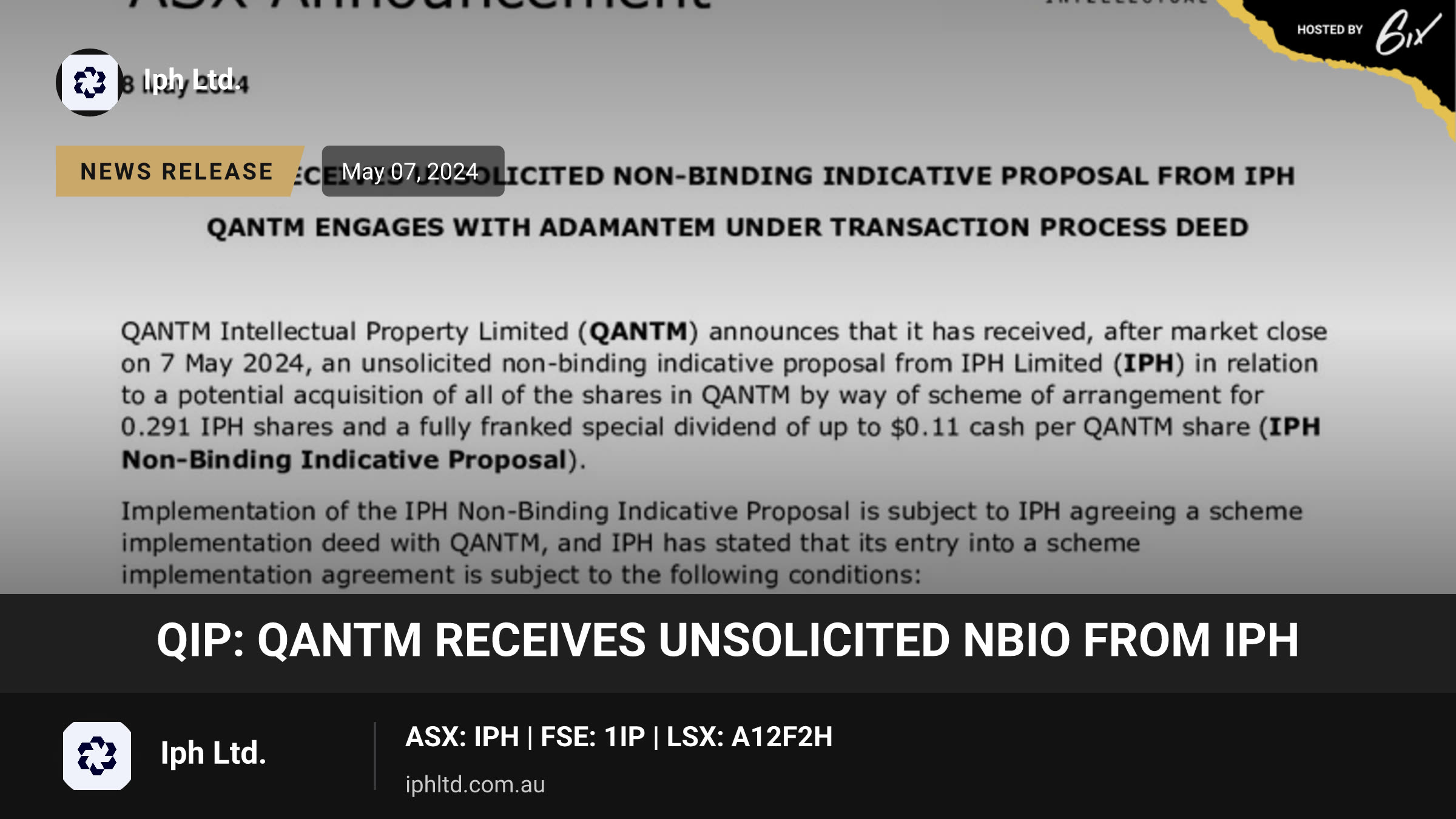 QIP: QANTM Receives Unsolicited NBIO From IPH