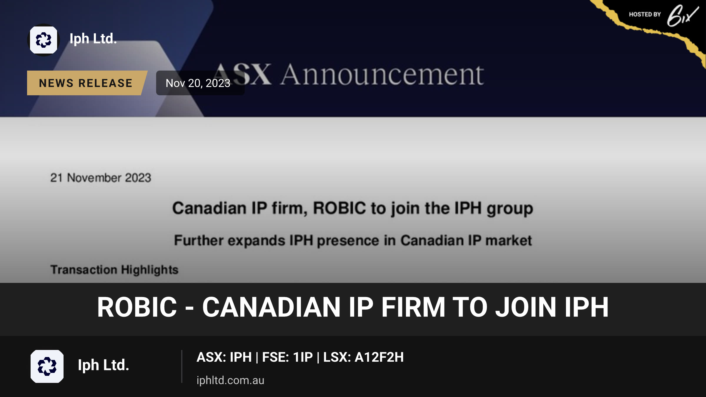 Robic - Canadian IP firm to join IPH