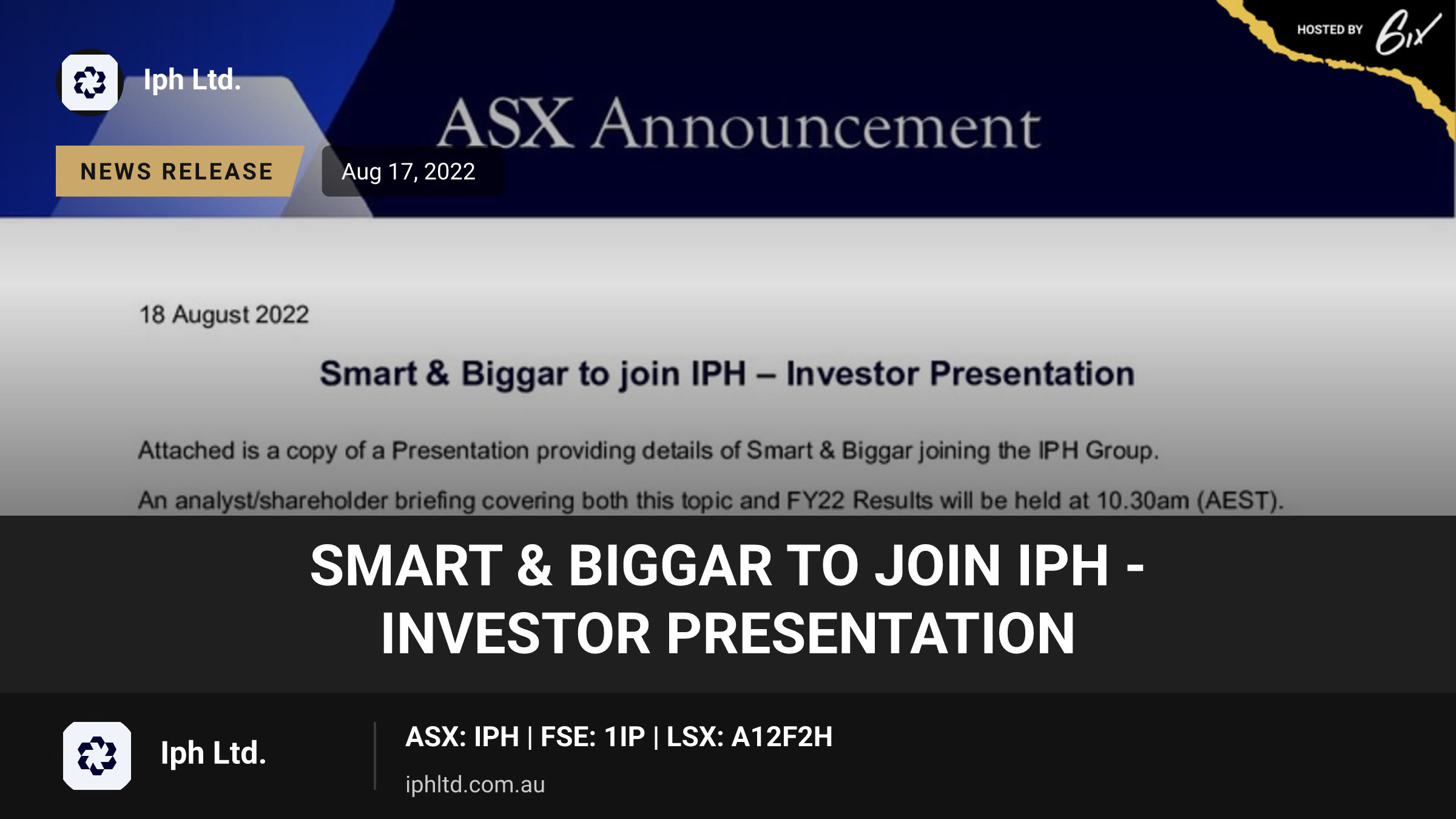 Smart & Biggar to join IPH - Investor Presentation