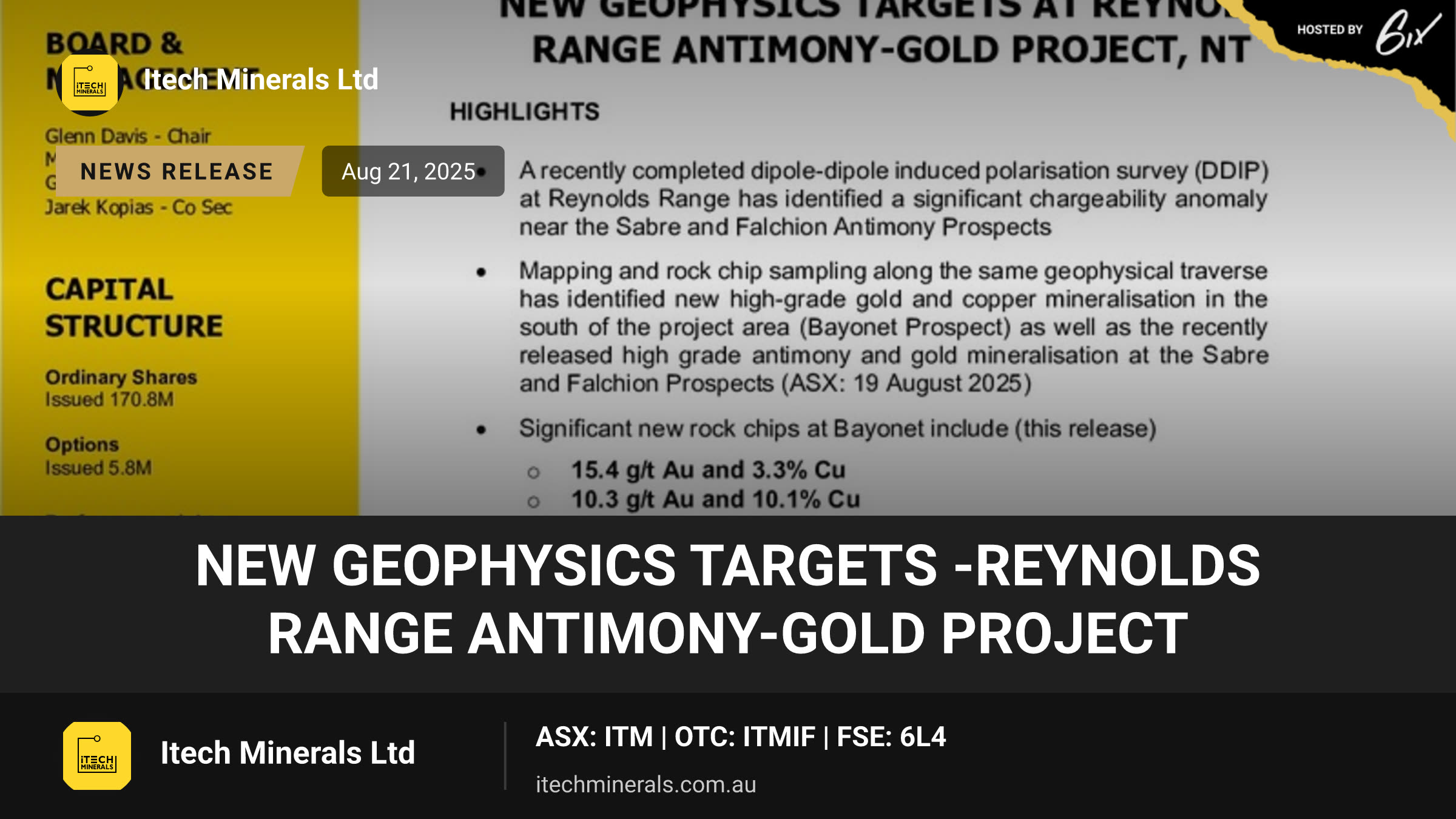 New Geophysics Targets -Reynolds Range Antimony-Gold Project