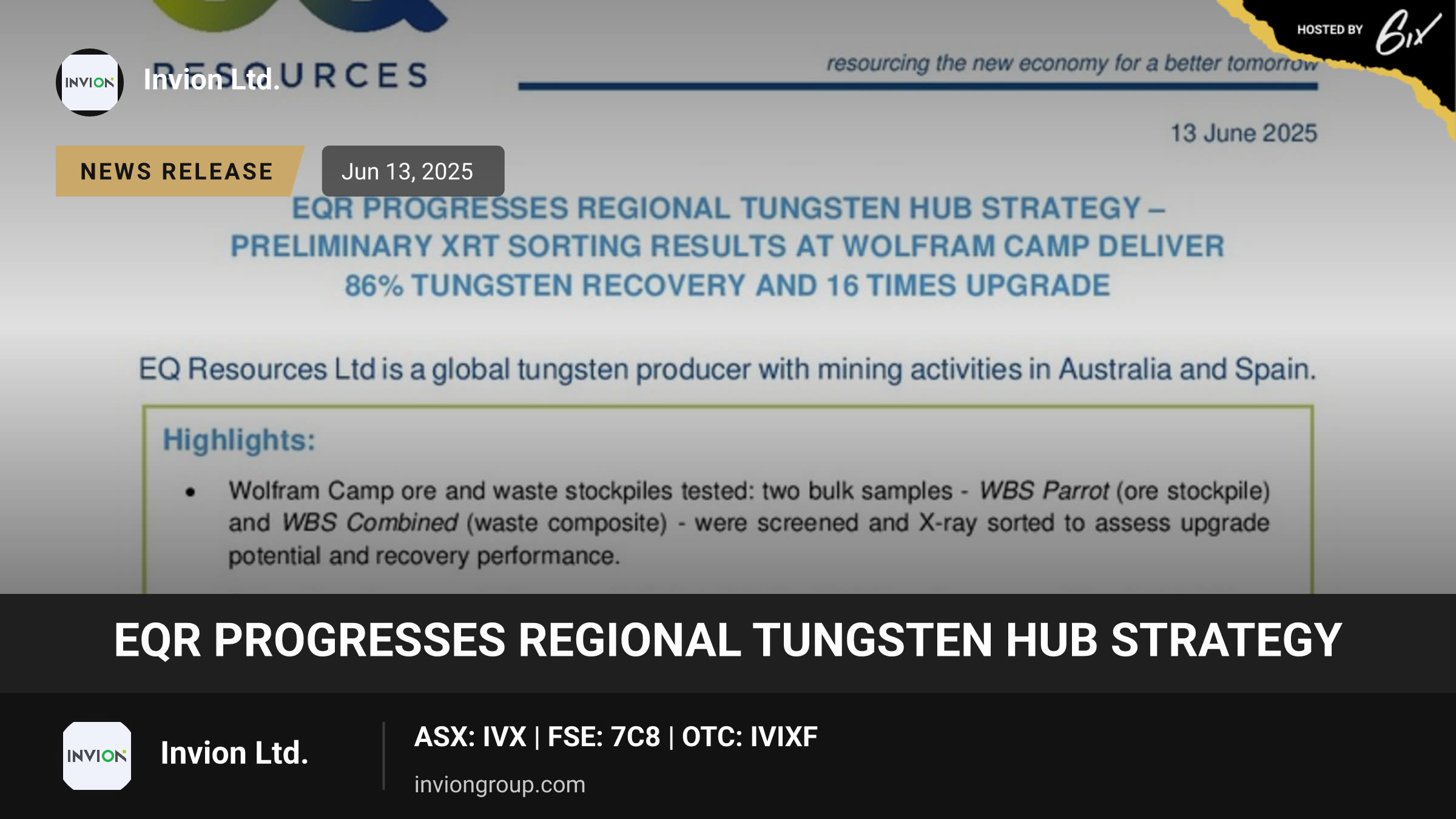 EQR Progresses Regional Tungsten Hub Strategy