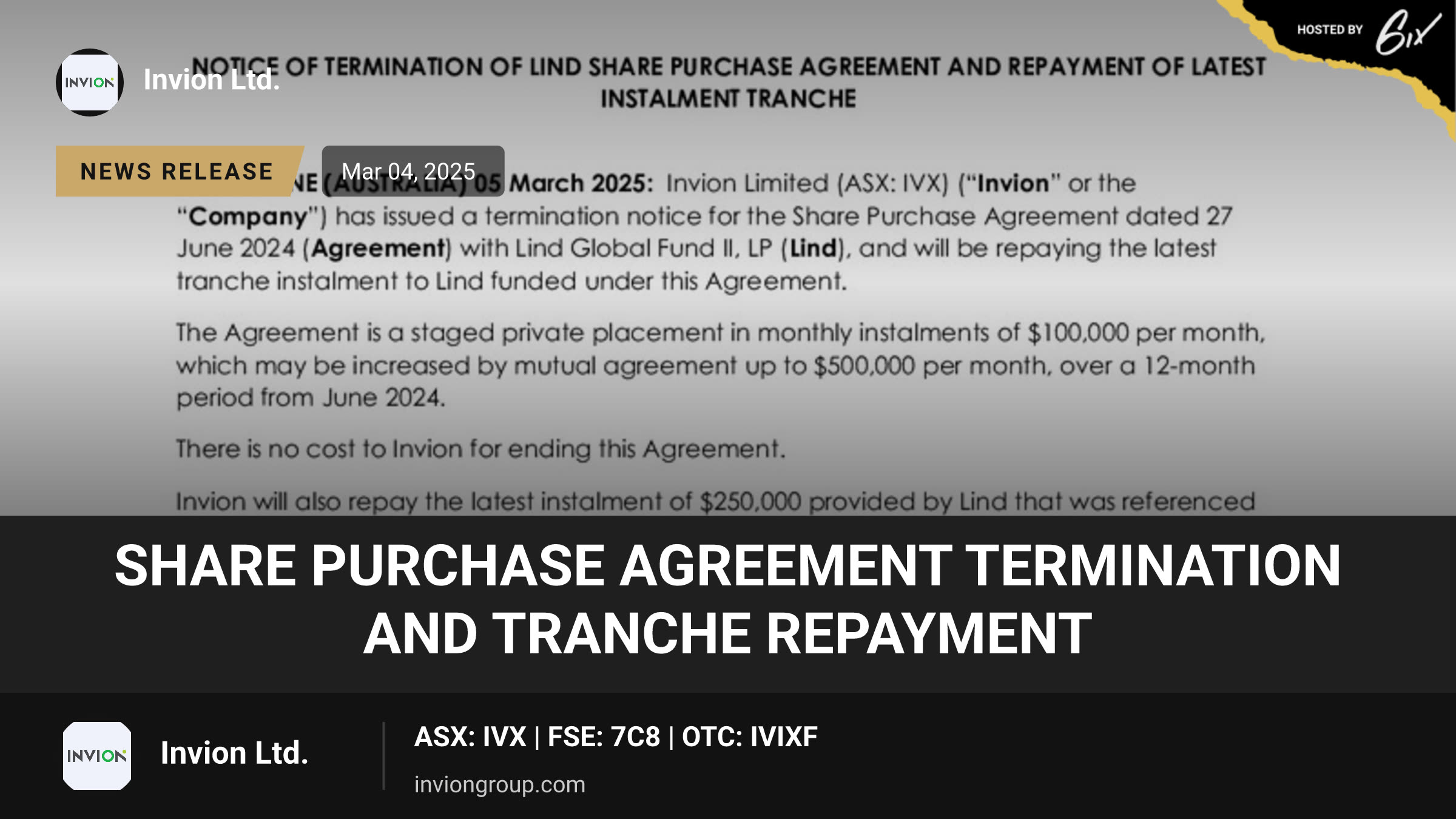Share Purchase Agreement Termination and Tranche Repayment