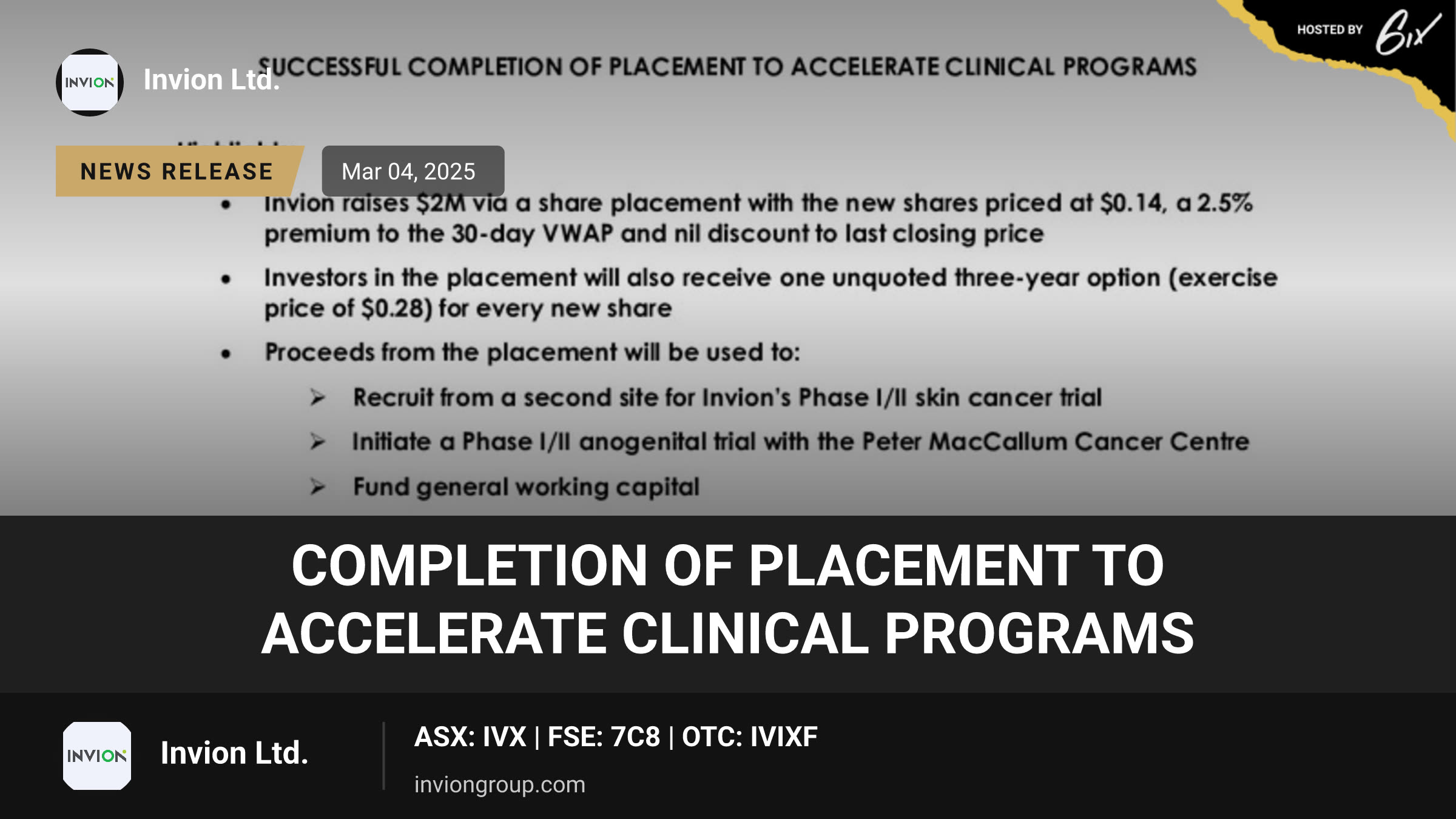 Completion Of Placement to Accelerate Clinical Programs