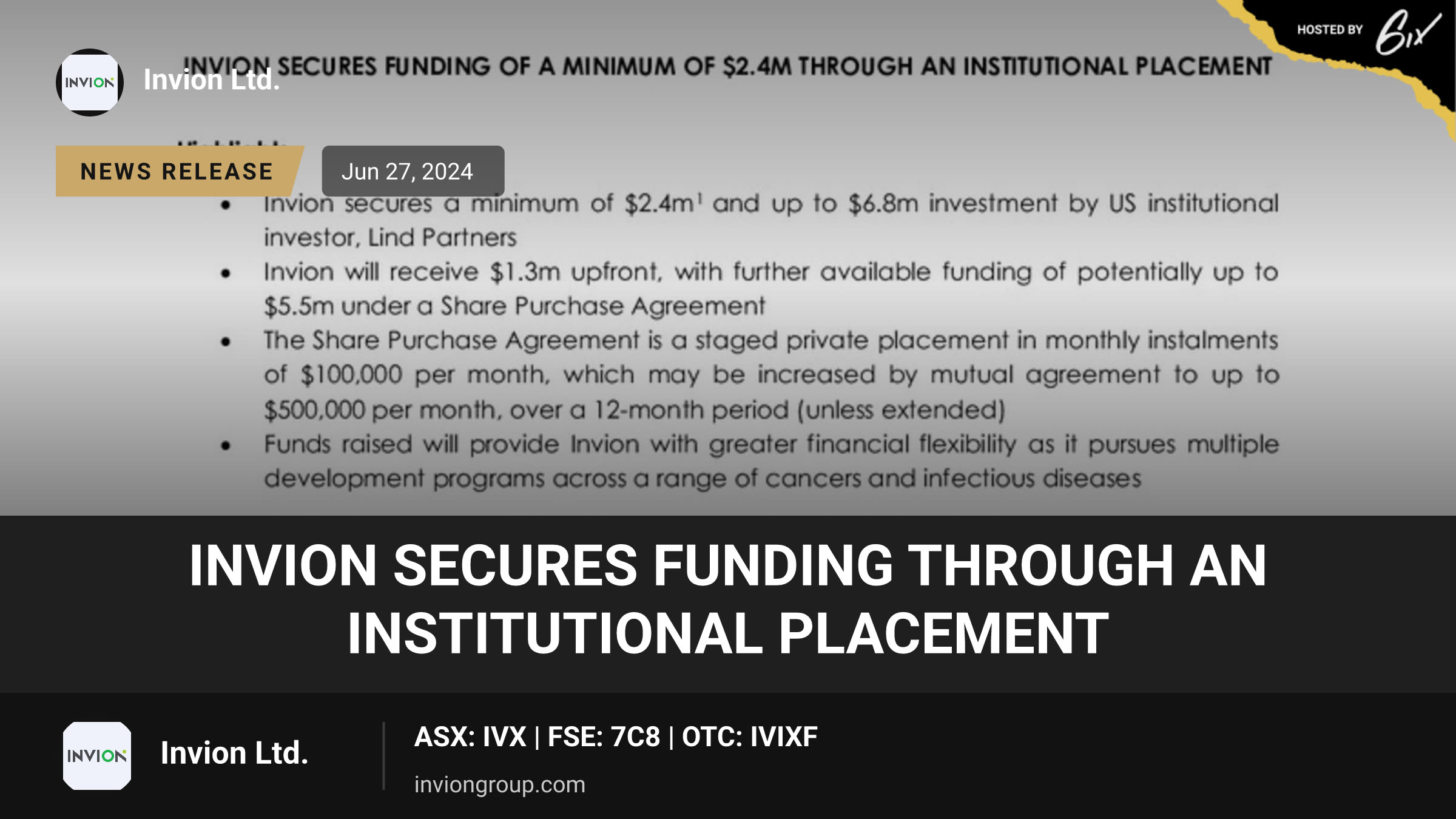 Invion secures funding through an institutional placement