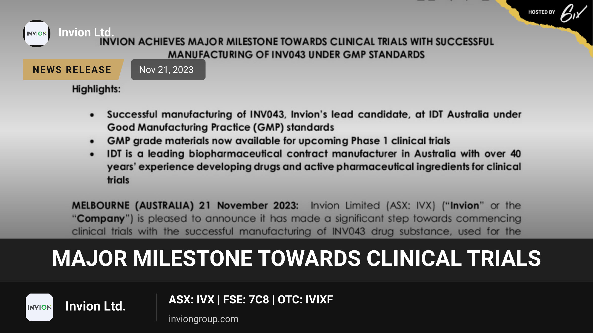 Major Milestone towards Clinical Trials