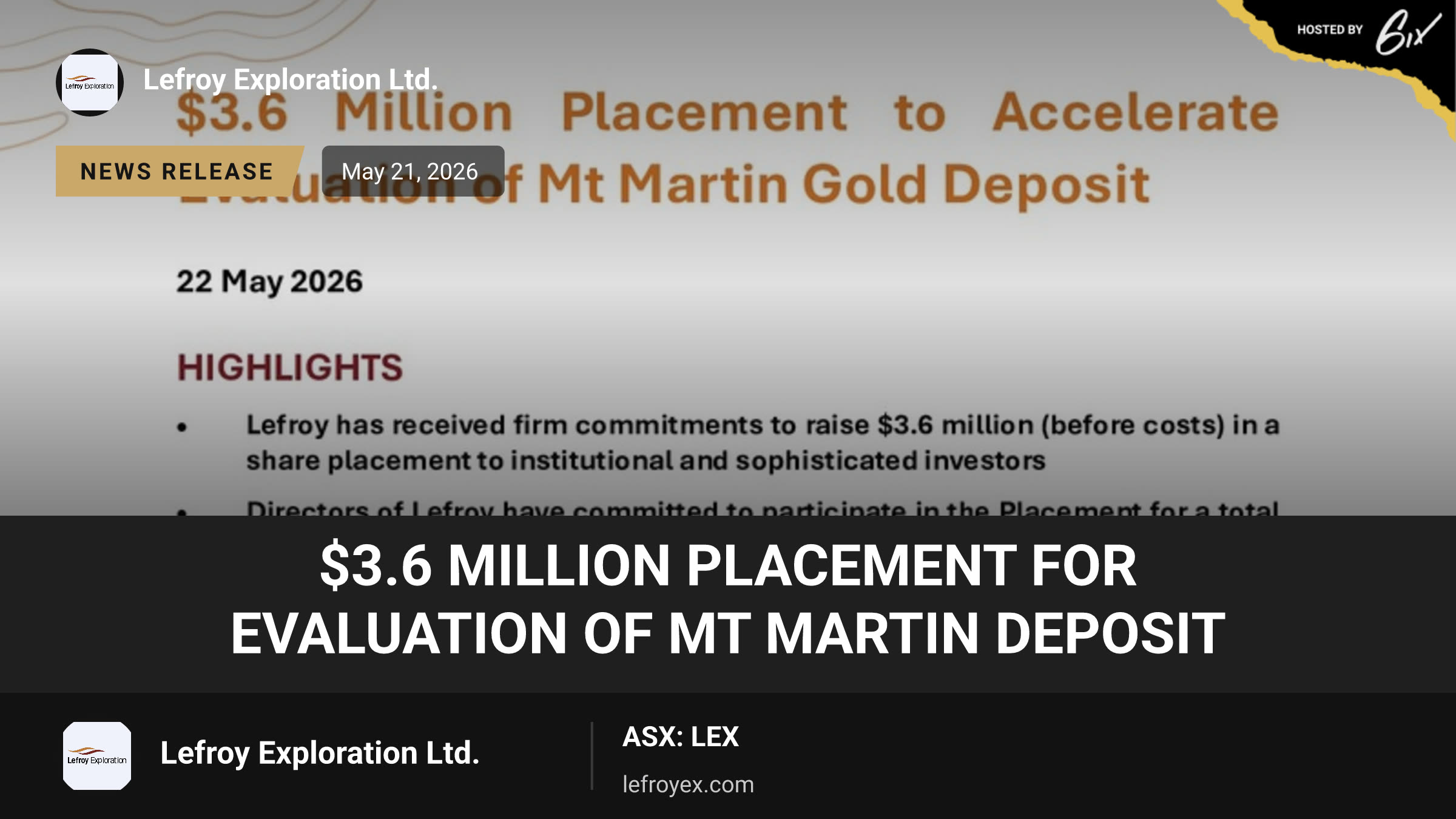 $3.6 Million Placement for Evaluation of Mt Martin Deposit