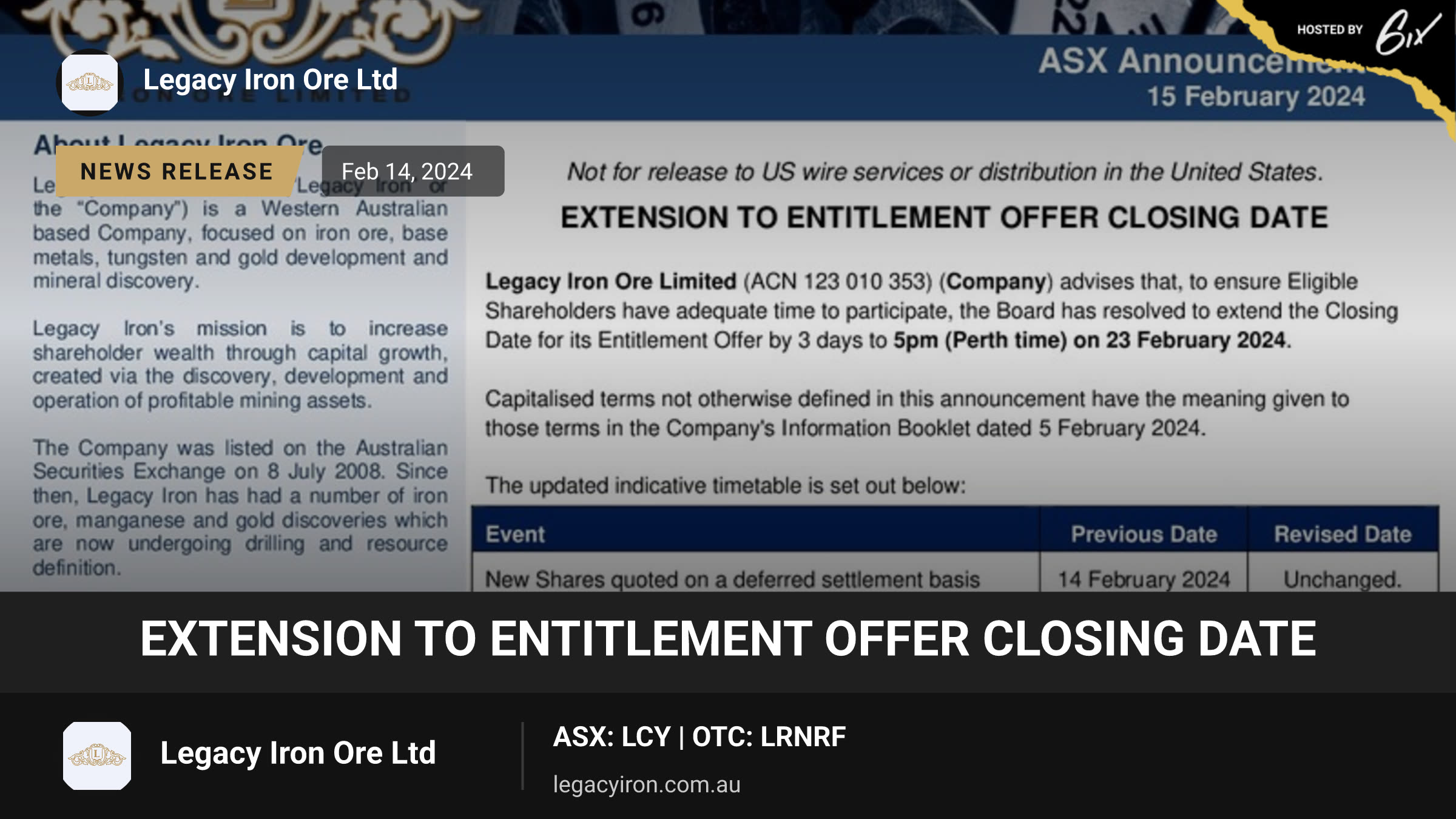 Extension to Entitlement Offer Closing date