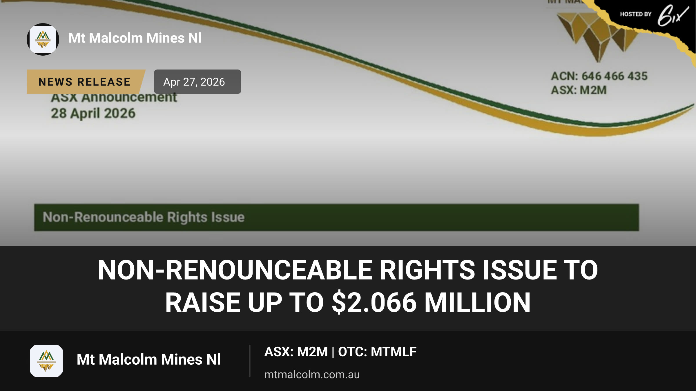 Non-Renounceable Rights Issue to Raise up to $2.066 million