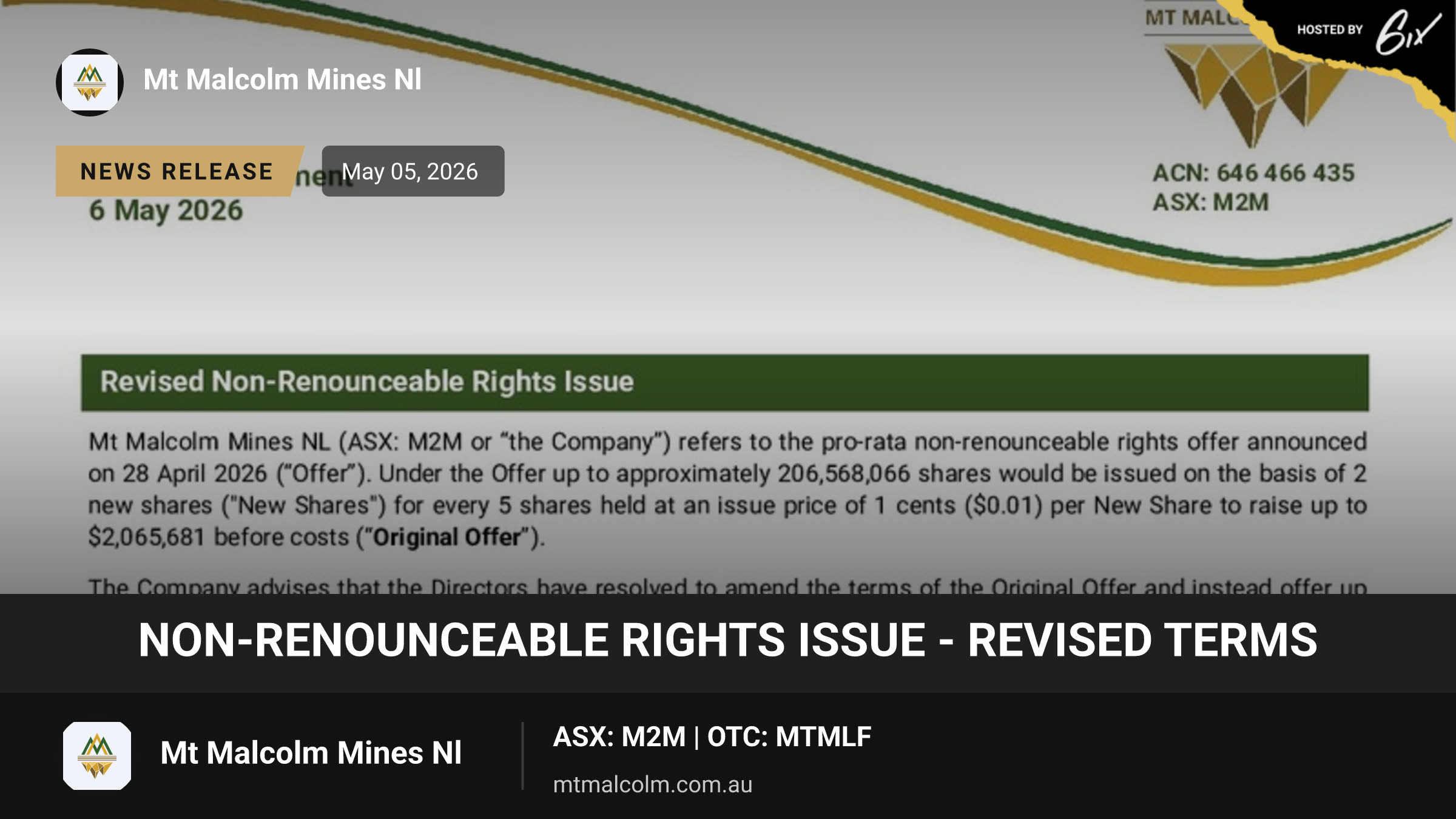 Non-Renounceable Rights Issue - Revised Terms