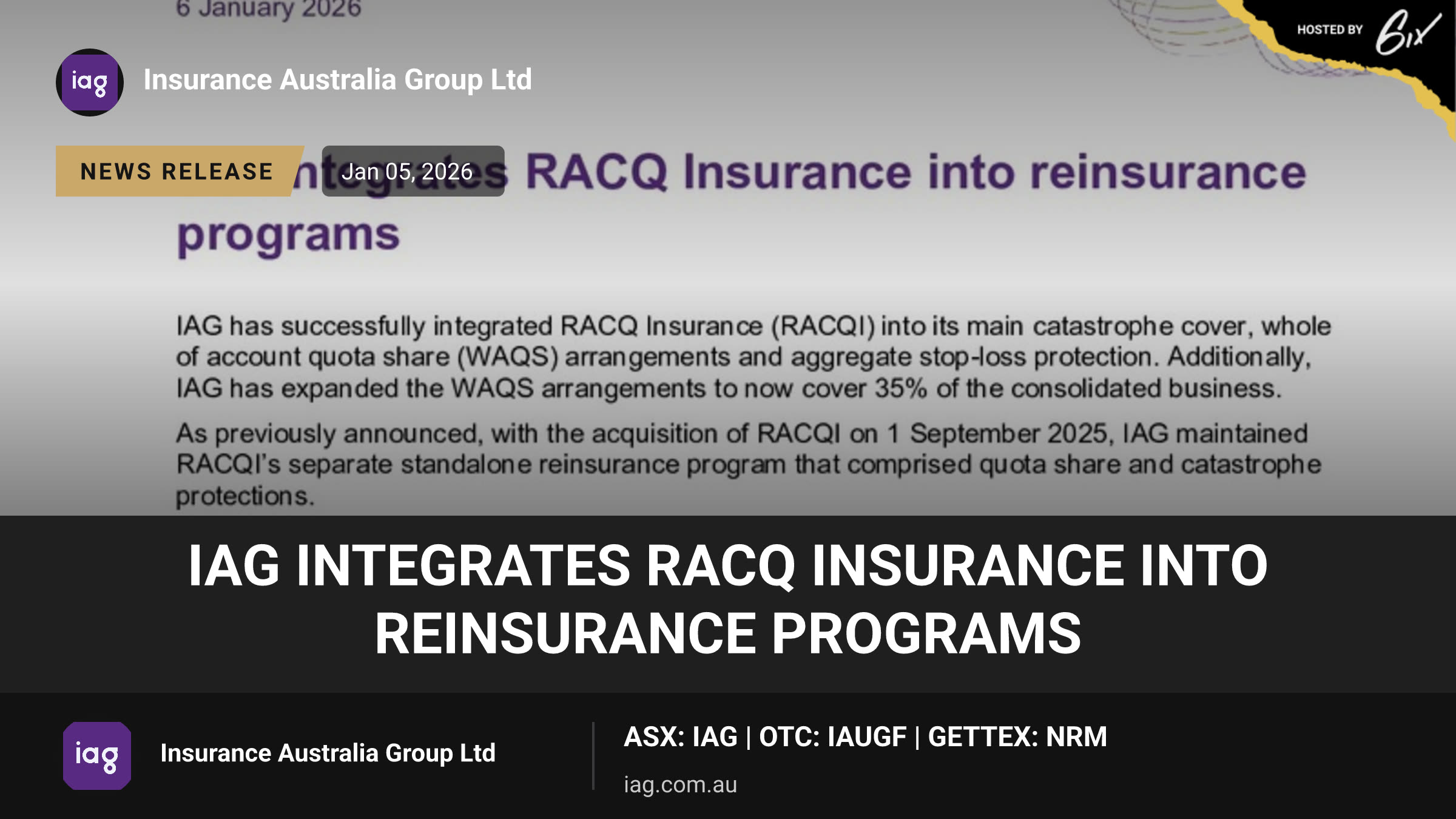 IAG integrates RACQ Insurance into reinsurance programs