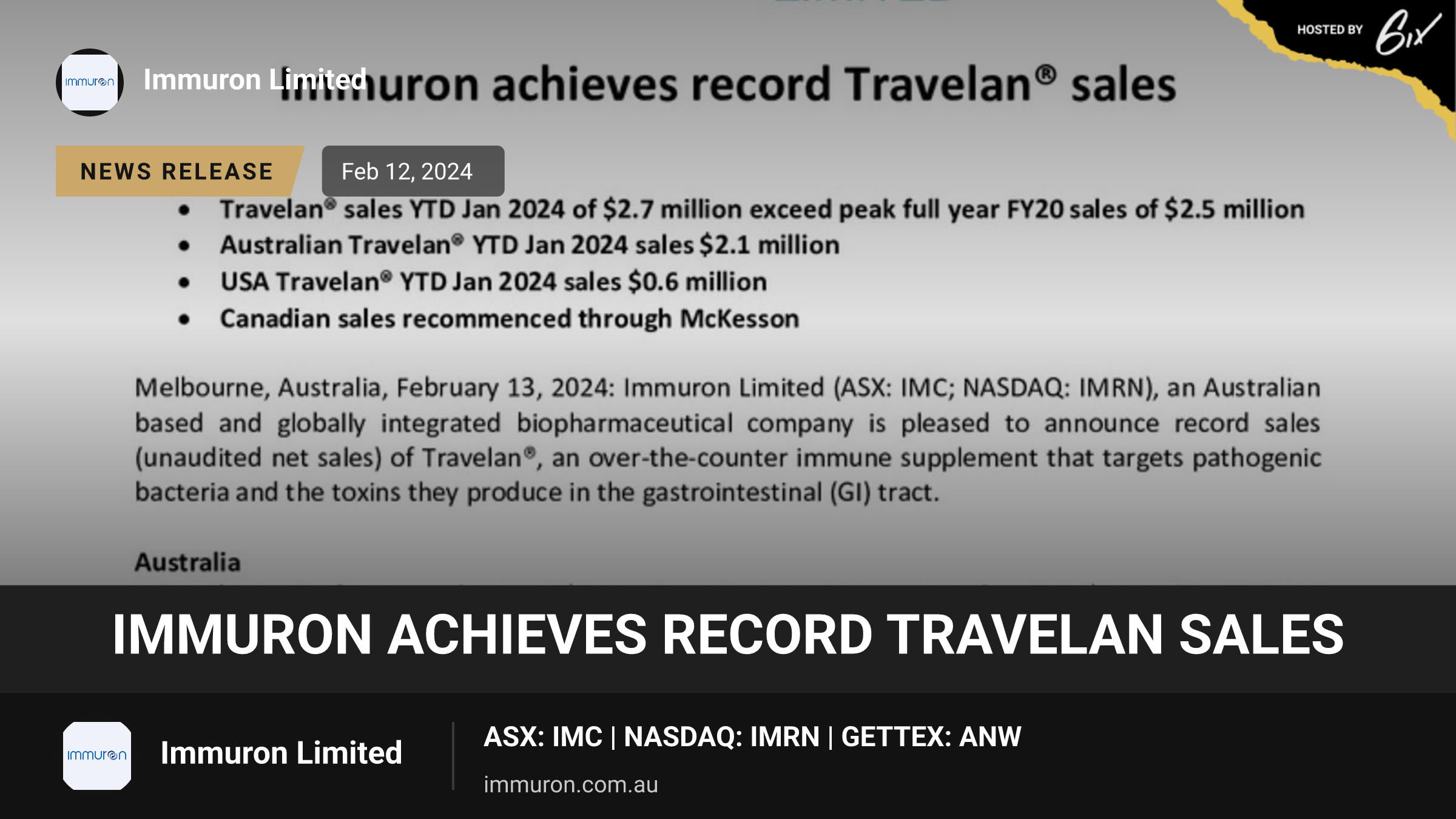 Immuron achieves record Travelan sales