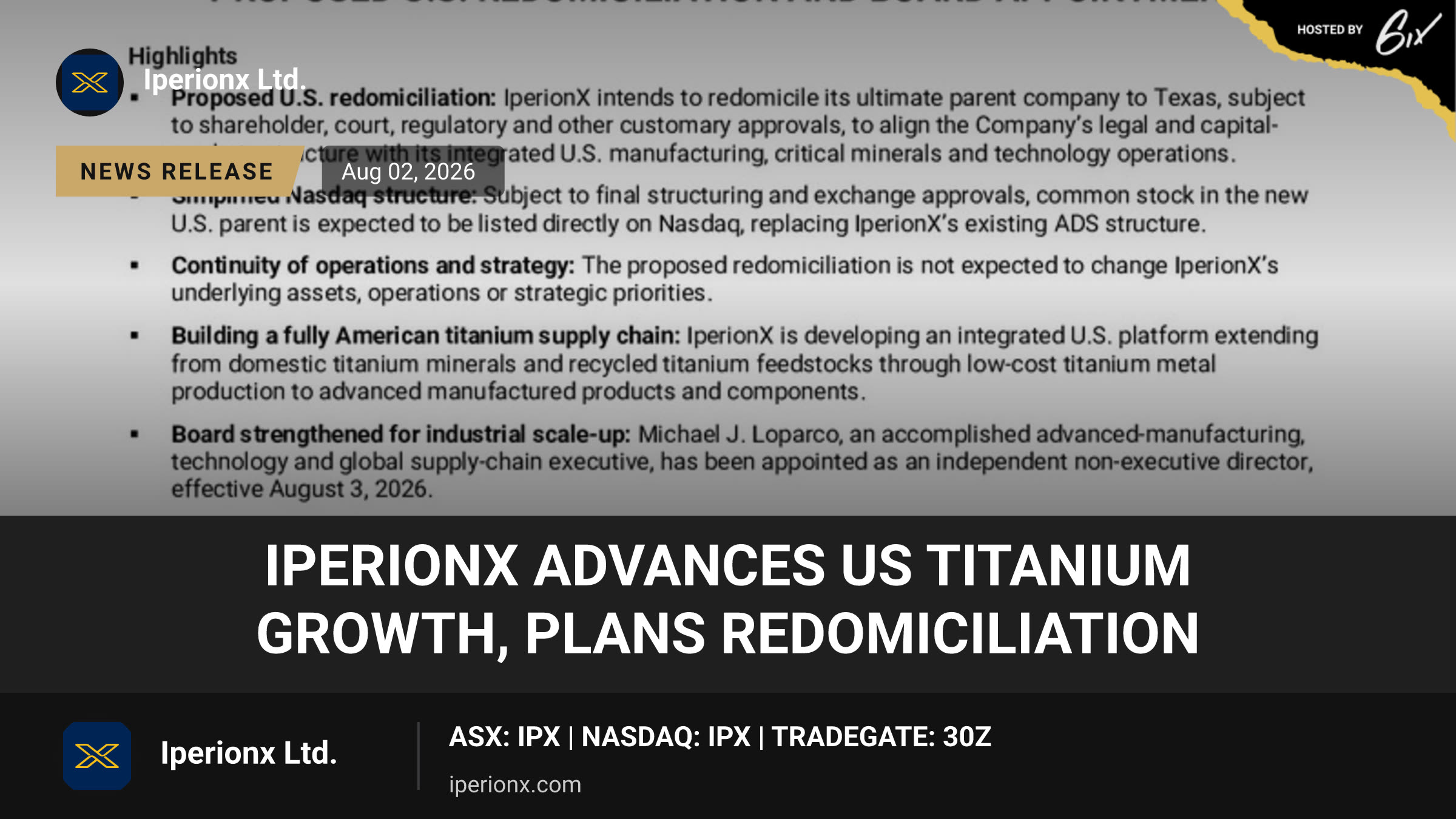 IperionX Advances US Titanium Growth, Plans Redomiciliation