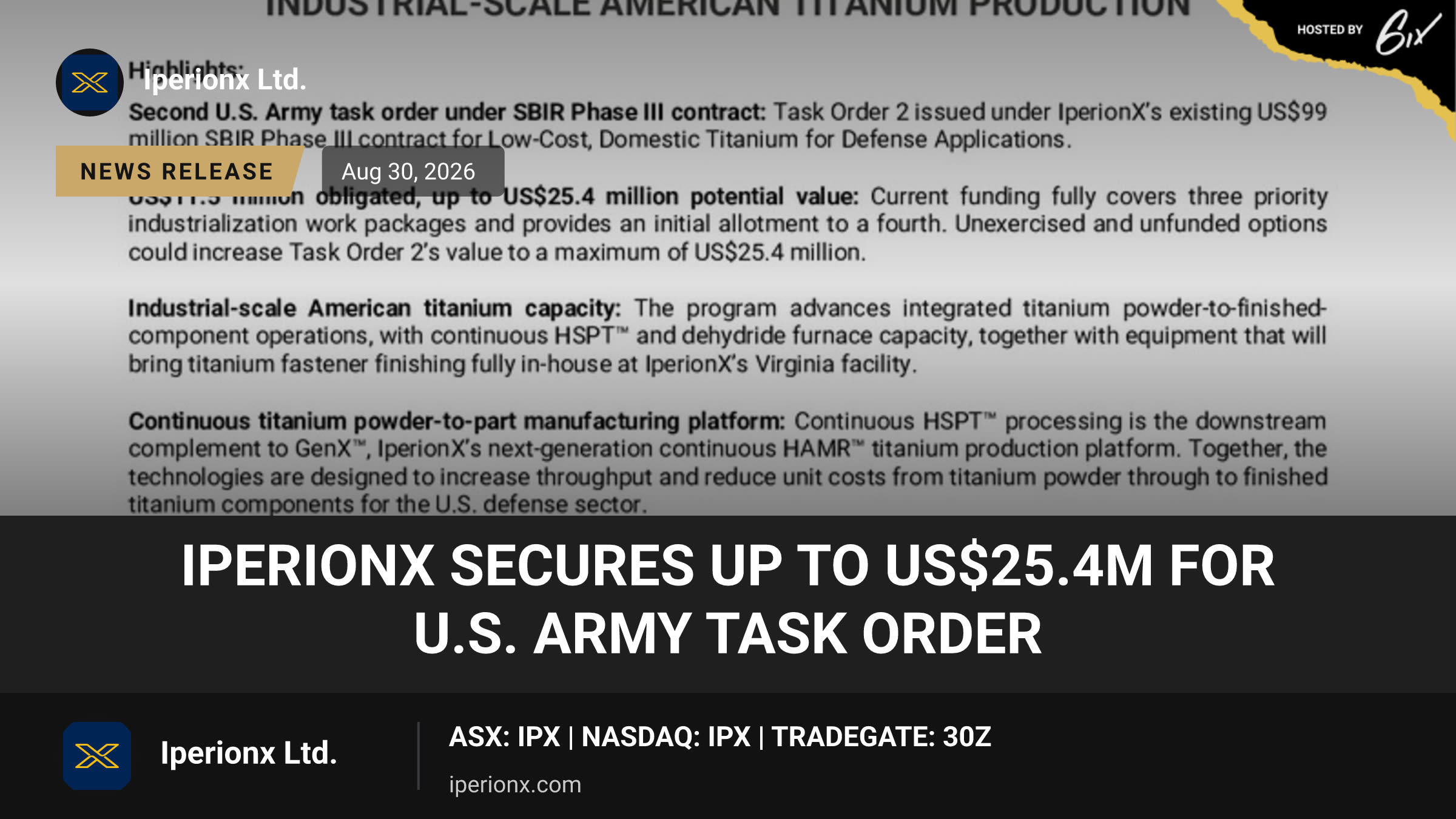 IperionX Secures up to US$25.4m for U.S. Army Task Order
