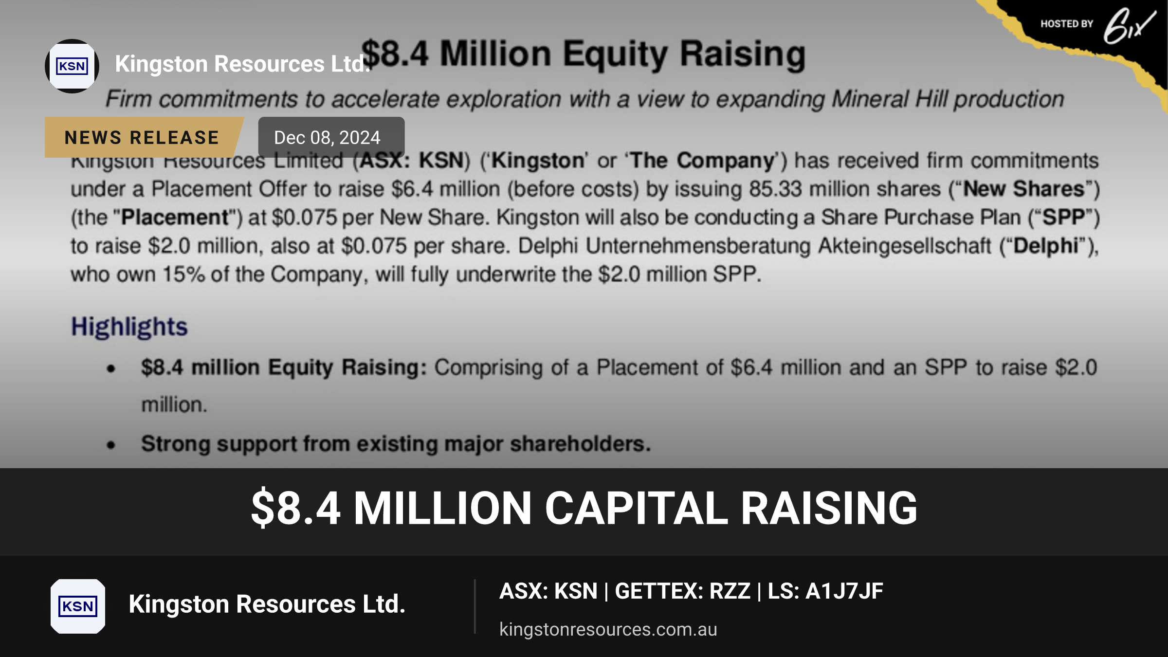 $8.4 Million Capital Raising