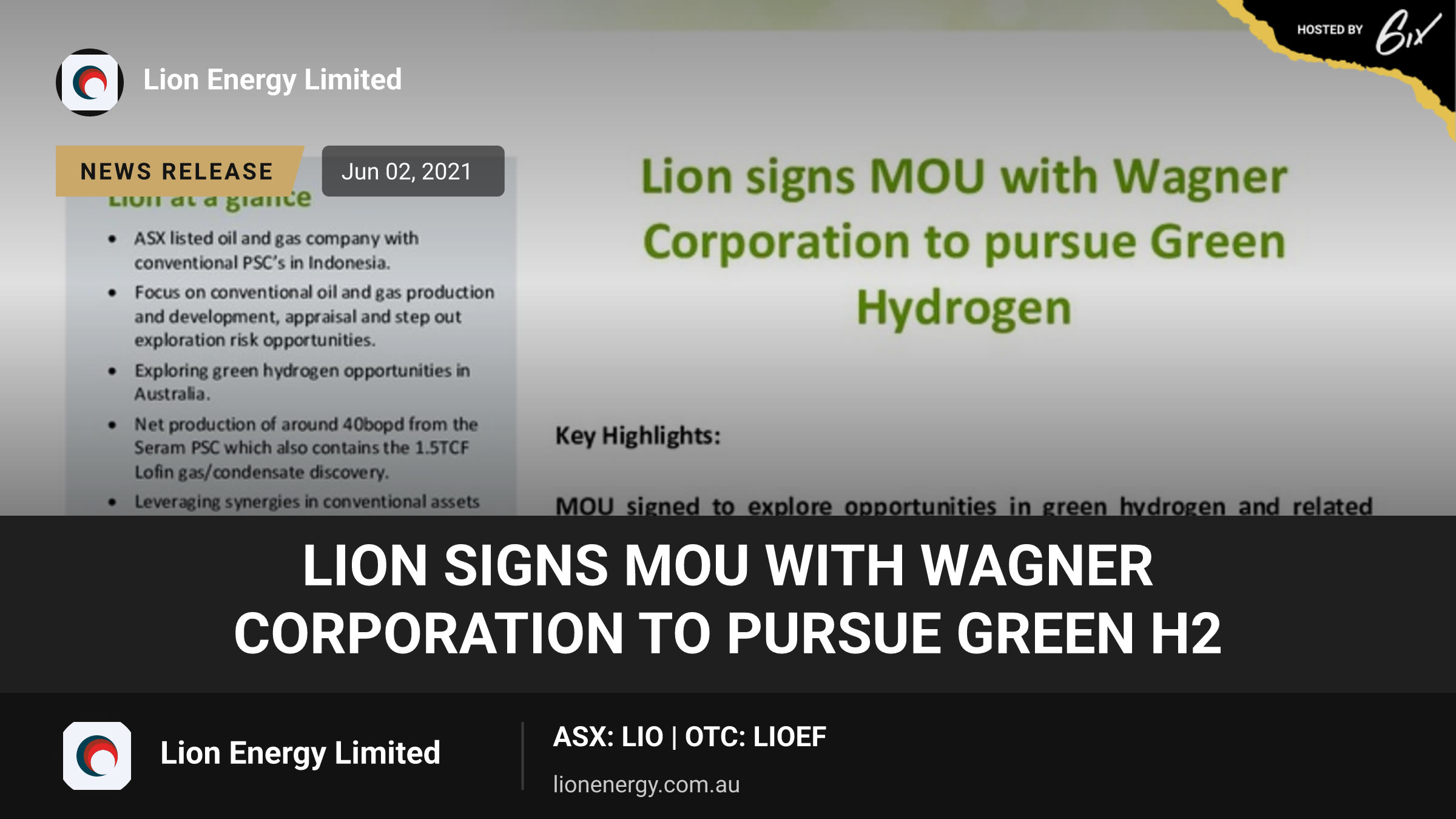 Lion signs MOU with Wagner Corporation to pursue Green H2