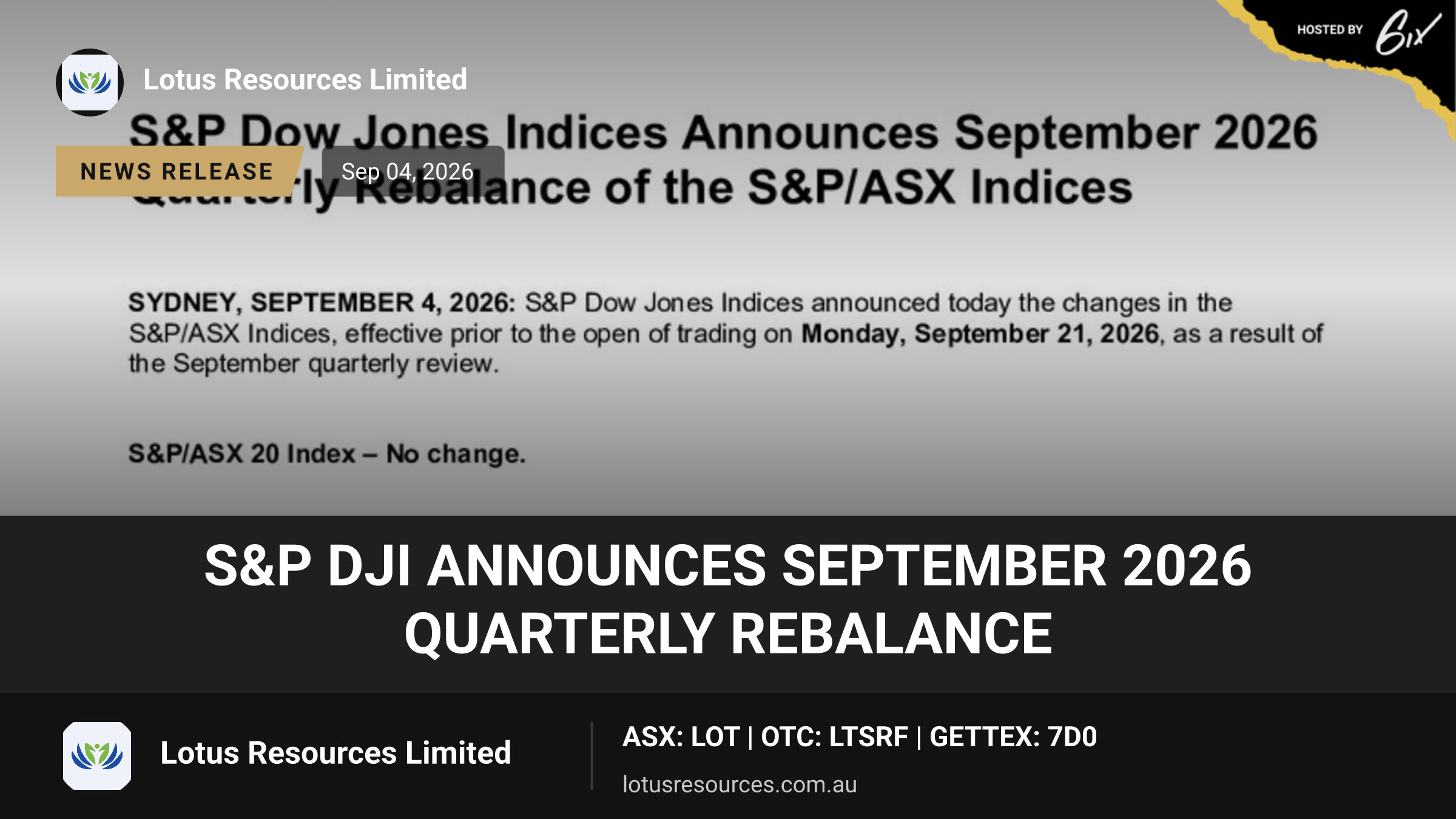 S&P DJI Announces September 2026 Quarterly Rebalance