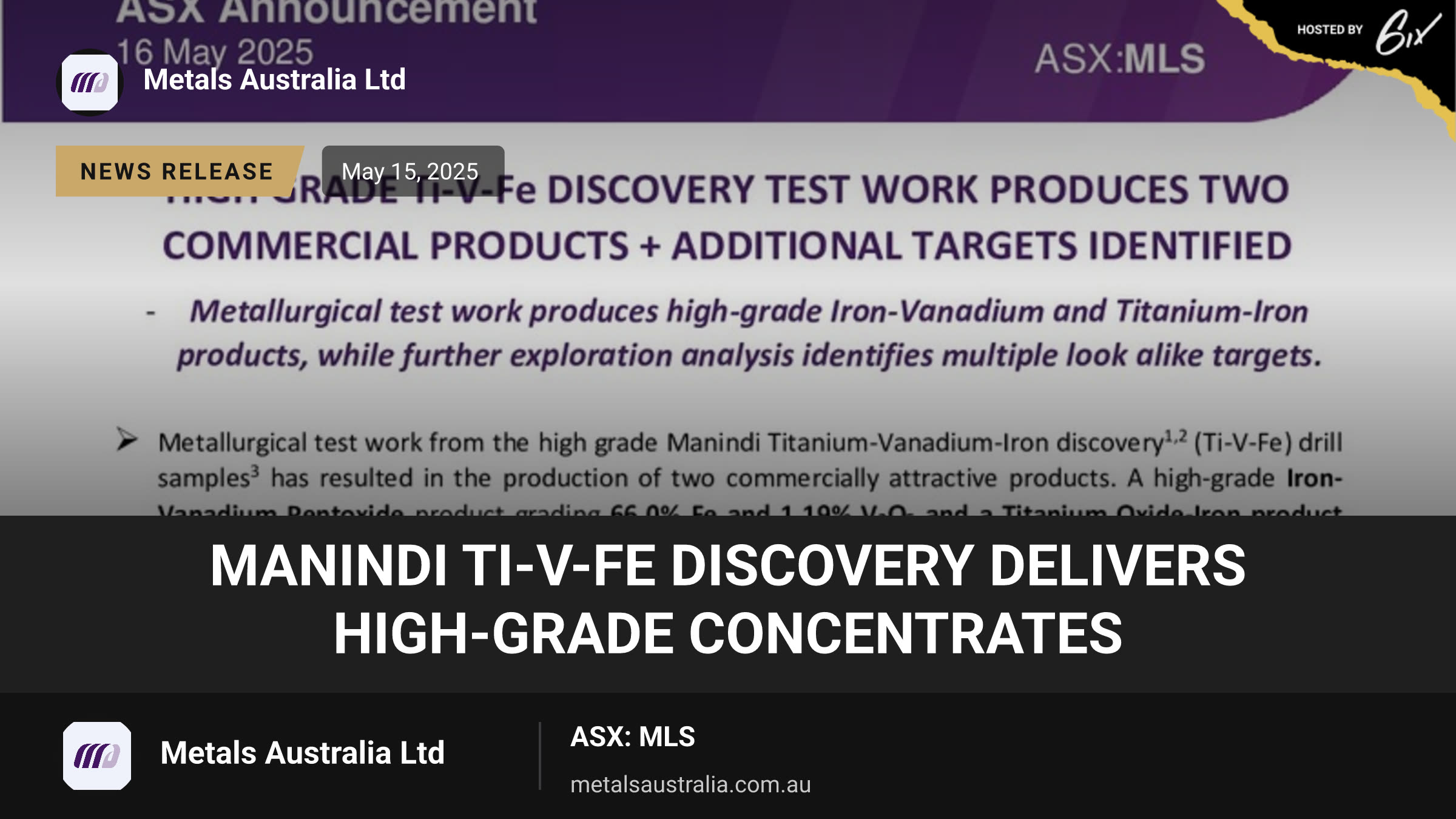 Manindi Ti-V-Fe Discovery Delivers High-Grade Concentrates