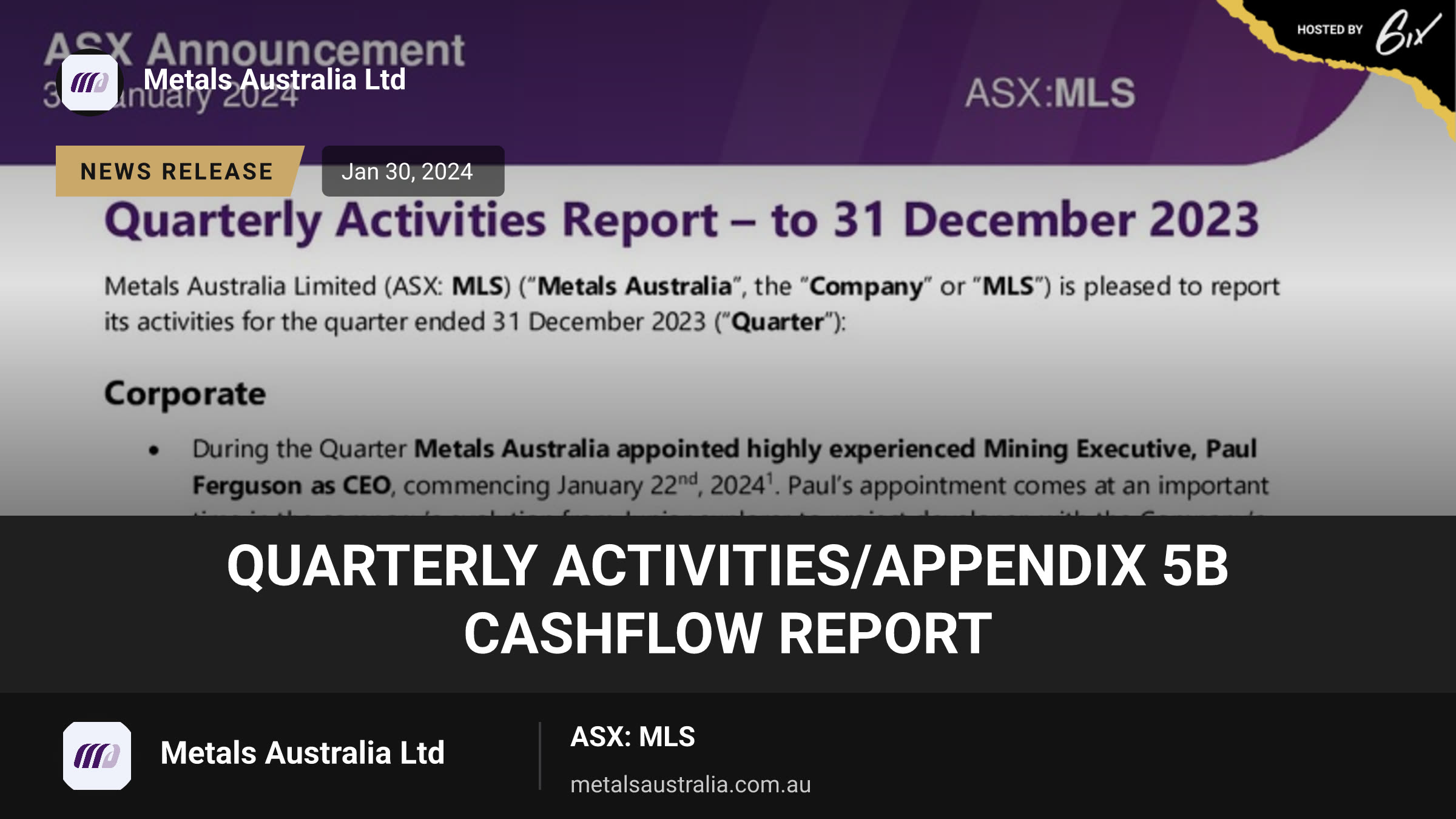 Quarterly Activities/Appendix 5B Cashflow Report