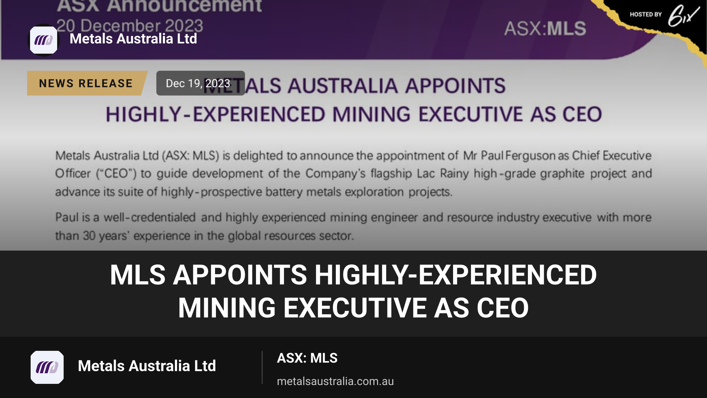 MLS Appoints Highly-Experienced Mining Executive as CEO
