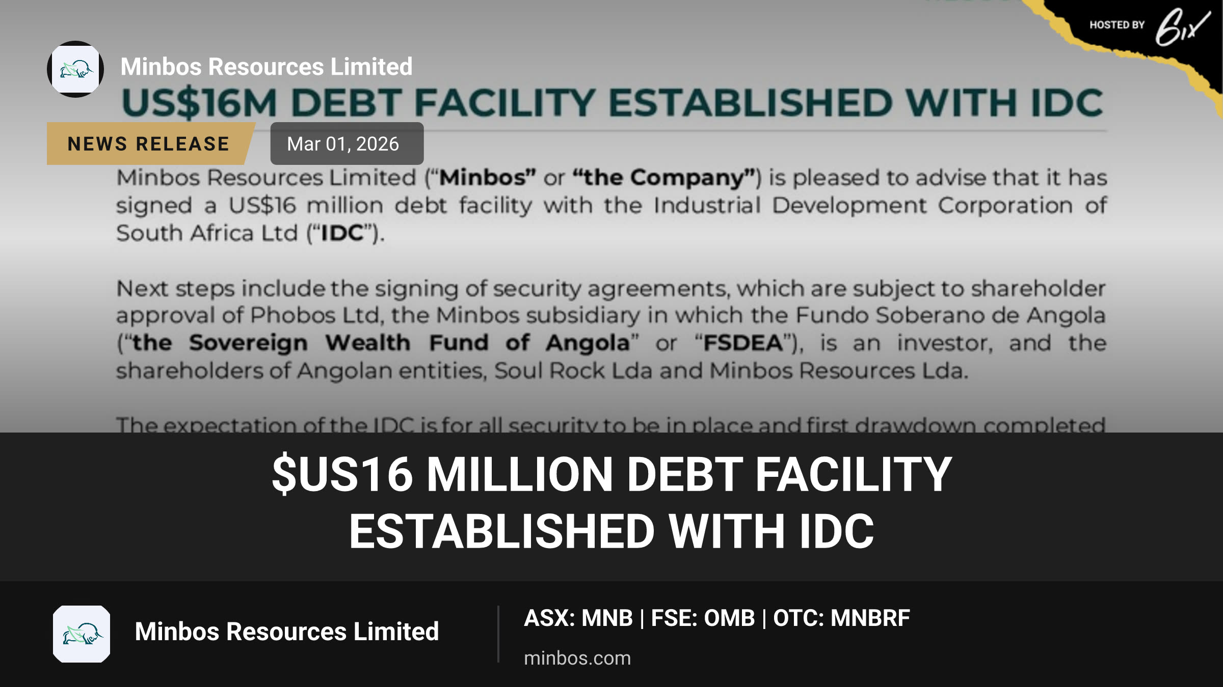 $US16 Million Debt Facility Established with IDC