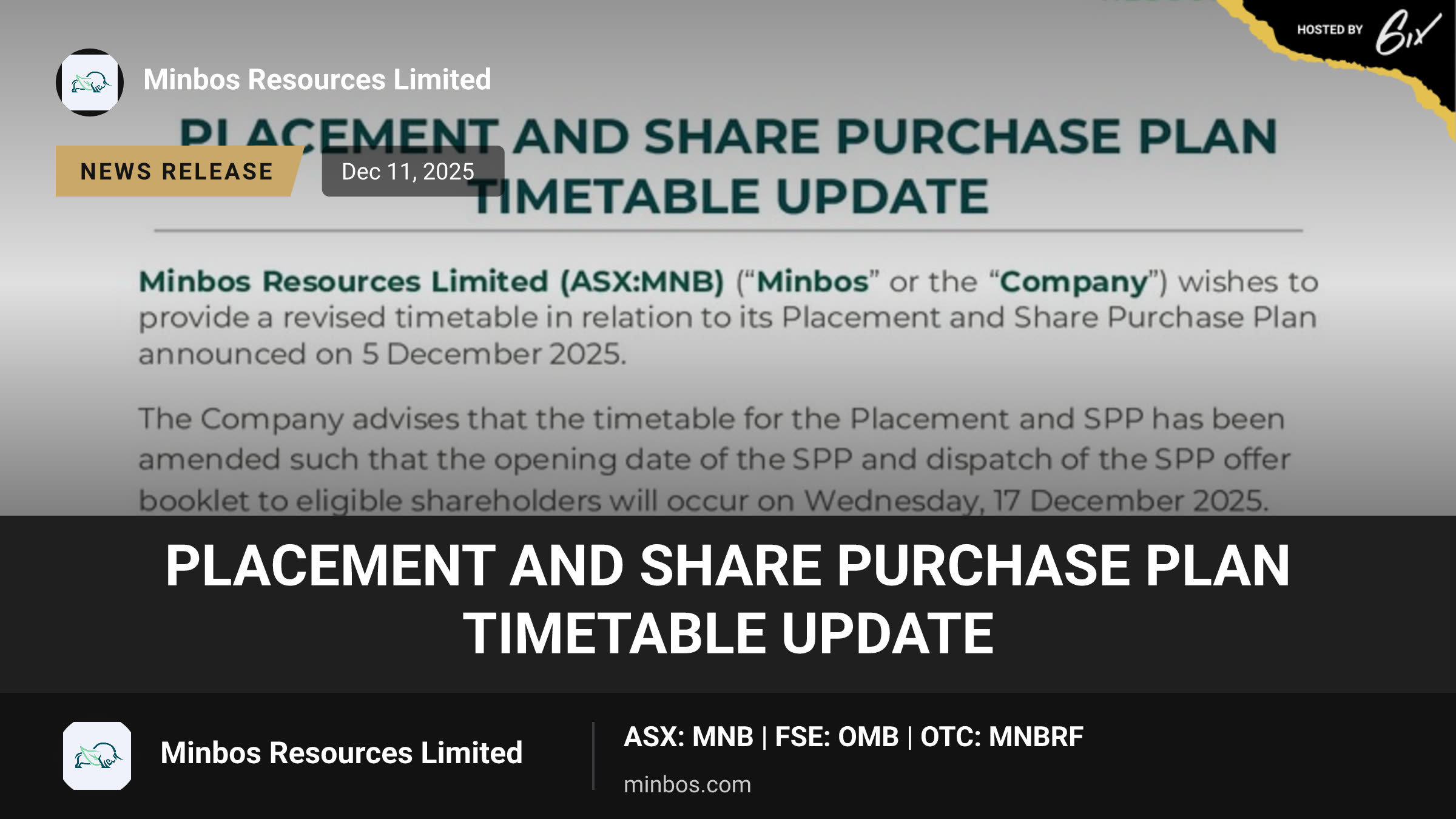 Placement and Share Purchase Plan Timetable Update
