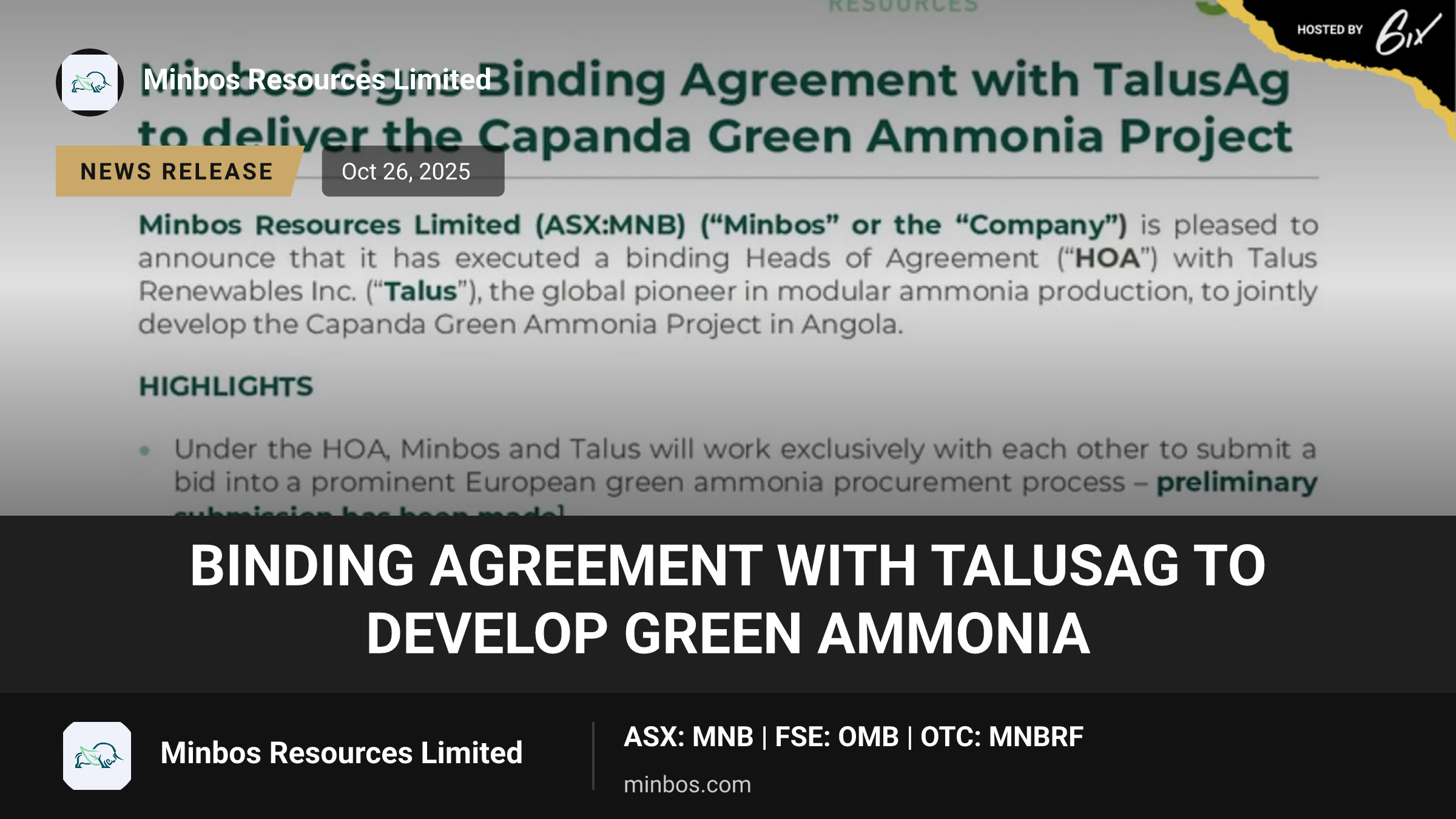 Binding Agreement with TalusAg to Develop Green Ammonia