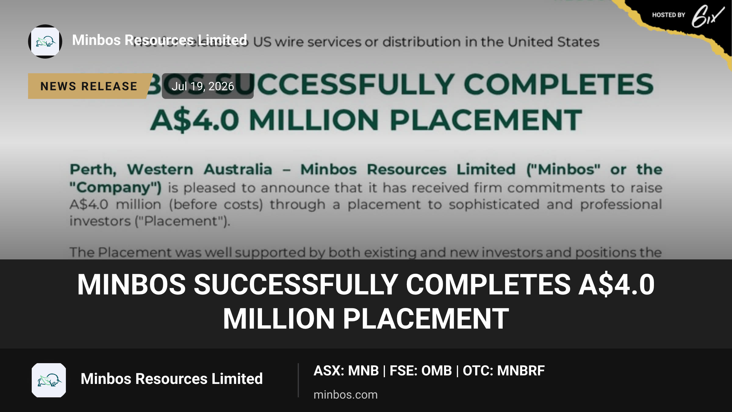Minbos Successfully Completes A$4.0 Million Placement