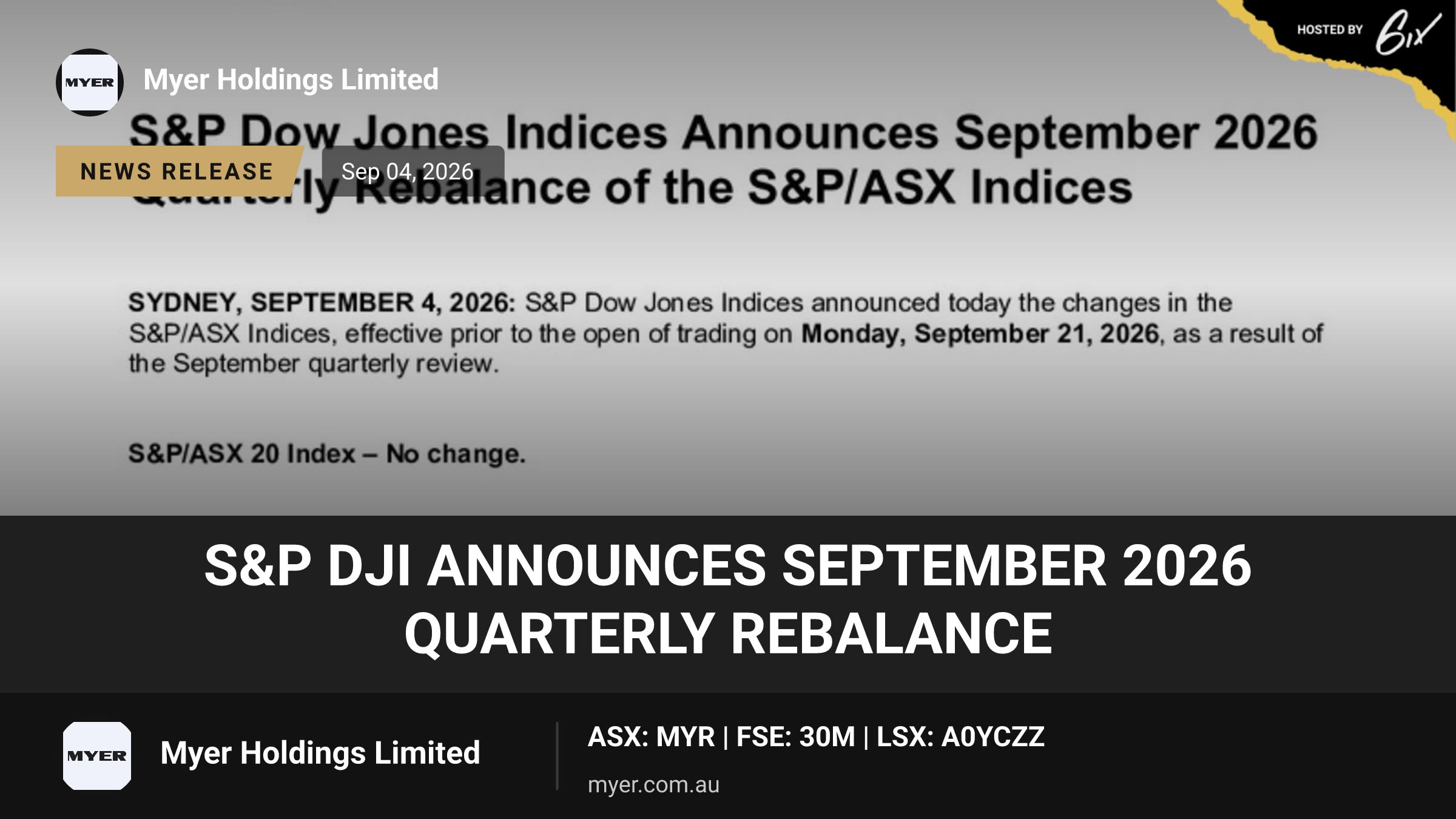 S&P DJI Announces September 2026 Quarterly Rebalance