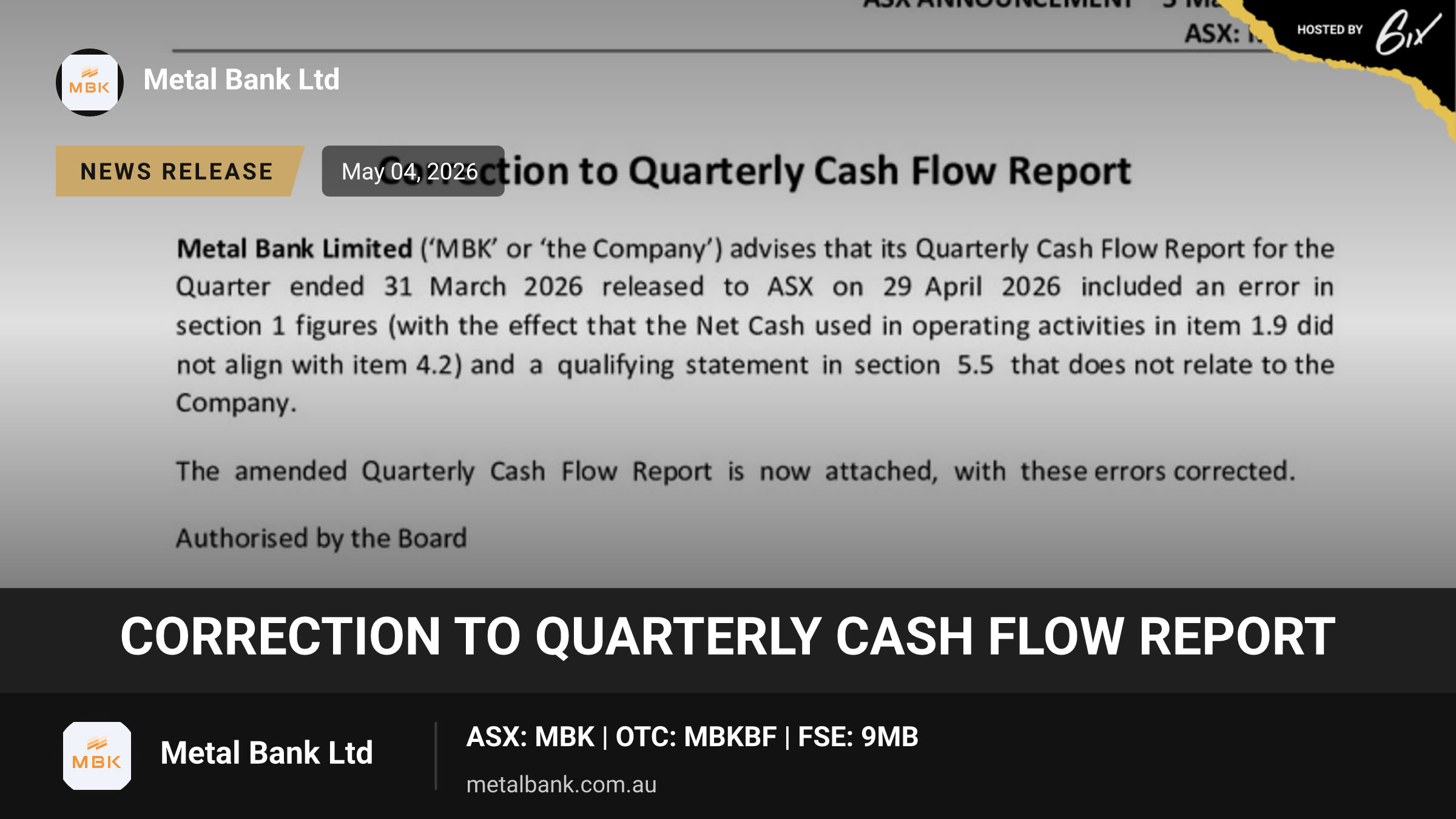 Correction to Quarterly Cash Flow Report