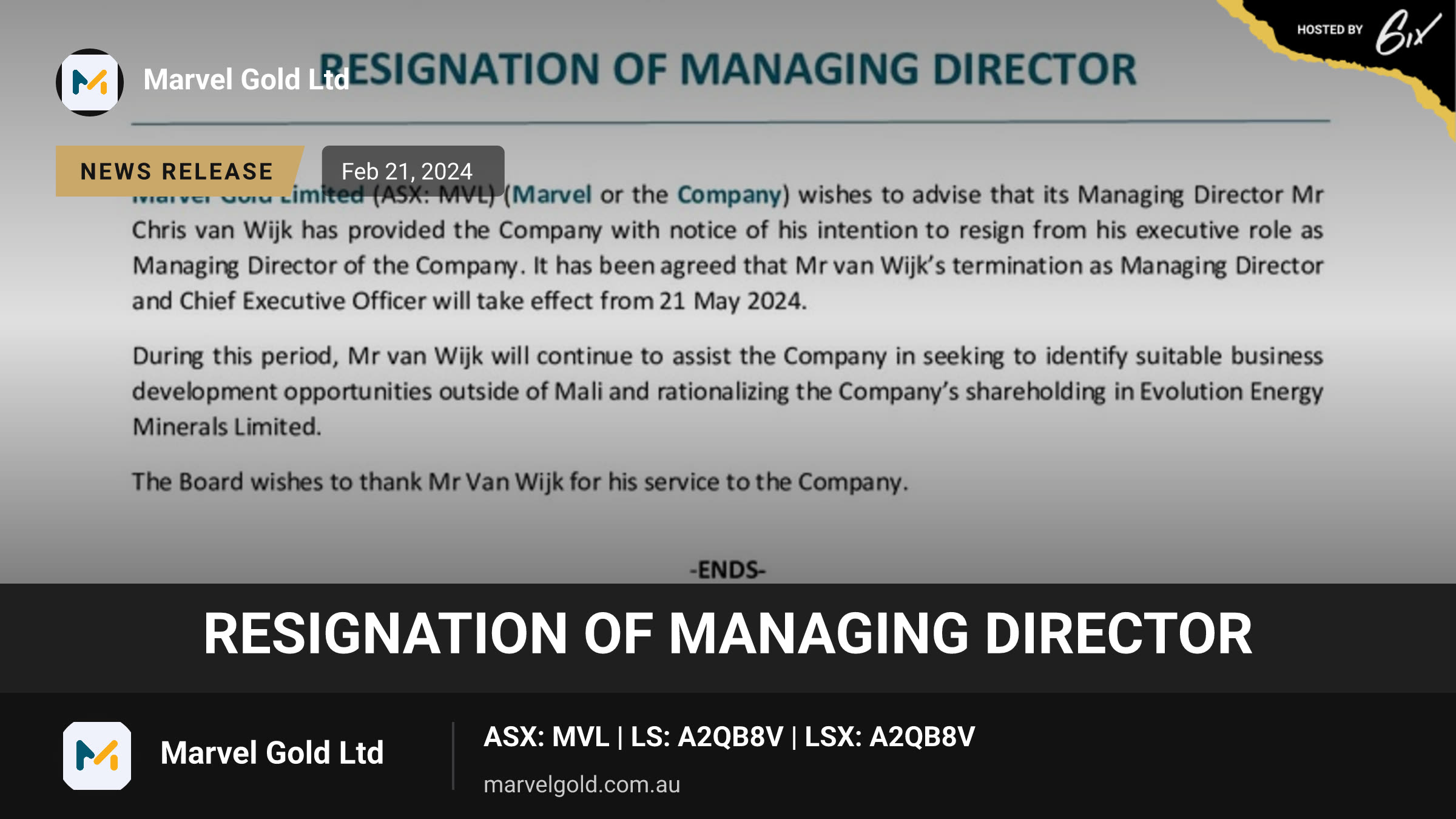 Resignation of Managing Director