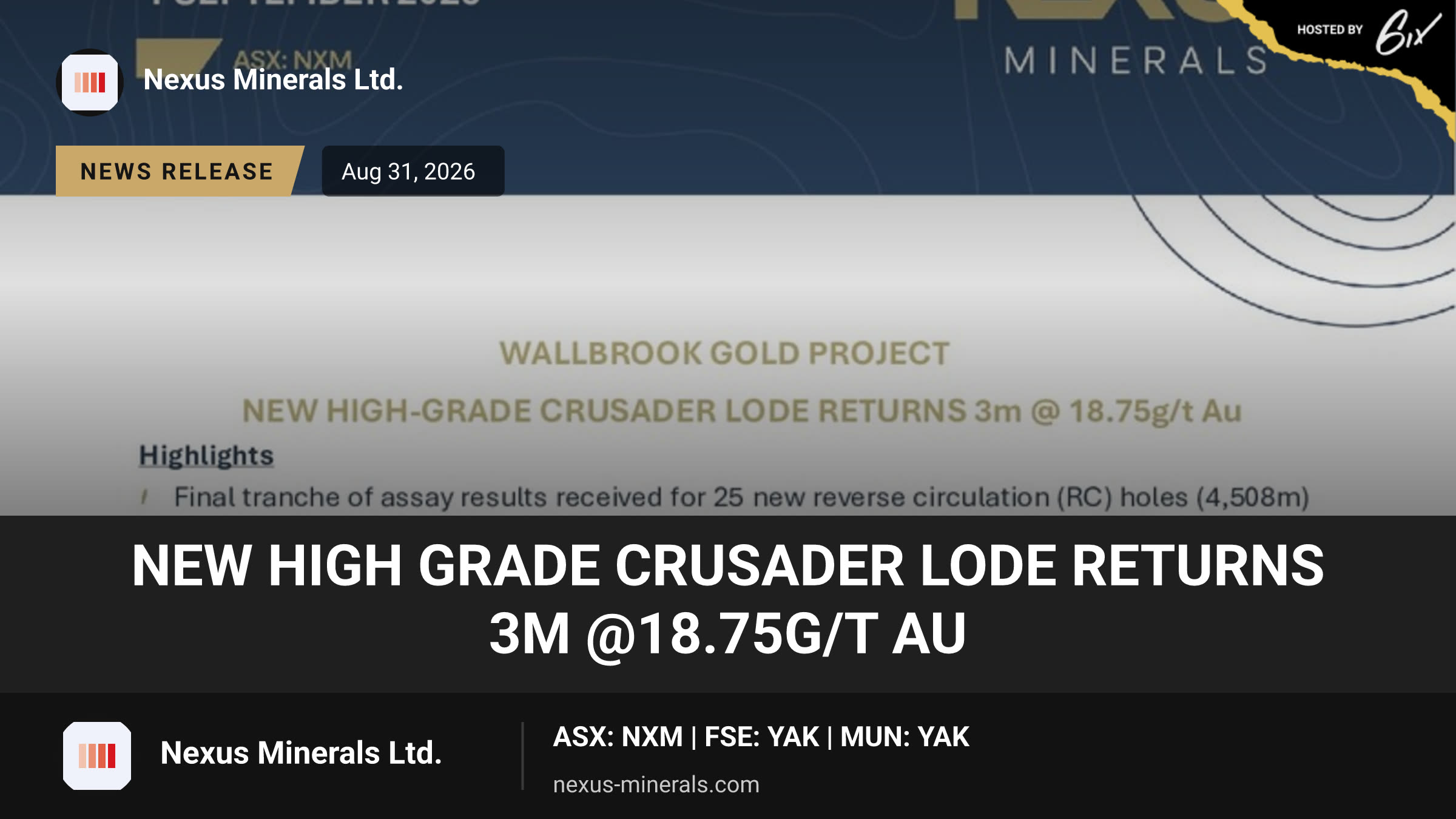 New High Grade Crusader Lode Returns 3m @18.75g/t Au