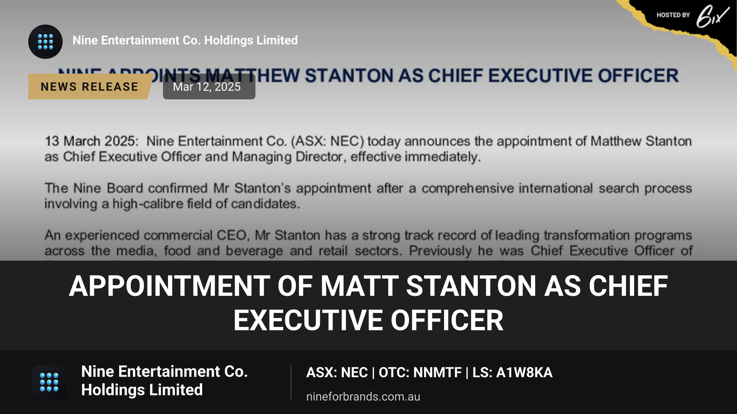 Appointment of Matt Stanton as Chief Executive Officer