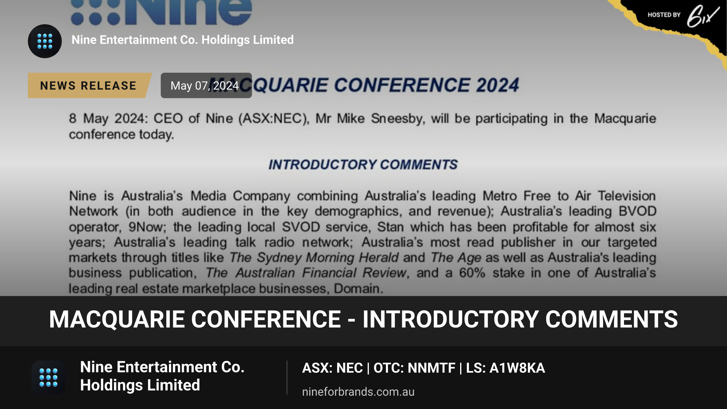 Macquarie Conference - Introductory Comments