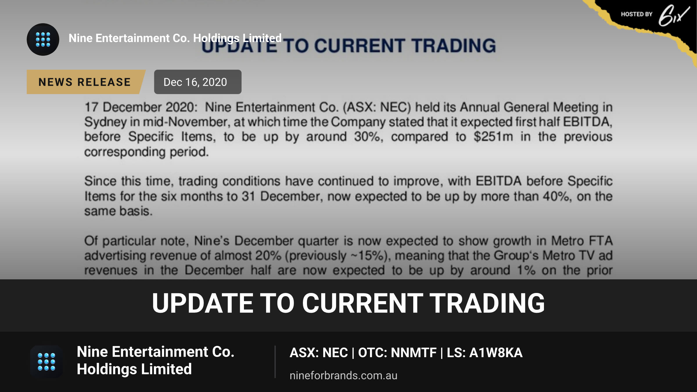 Update to current trading