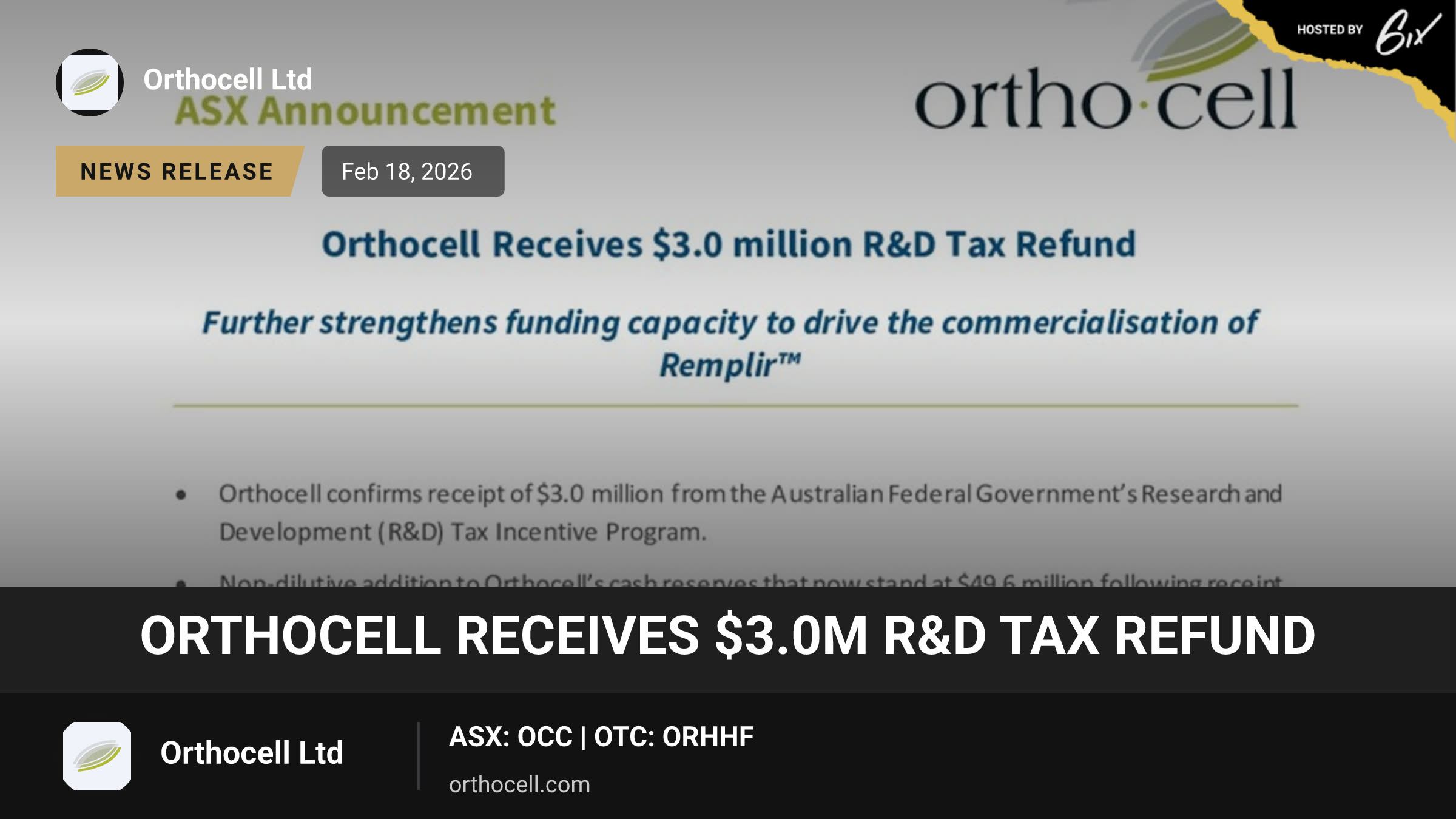 Orthocell Receives $3.0m R&D Tax Refund