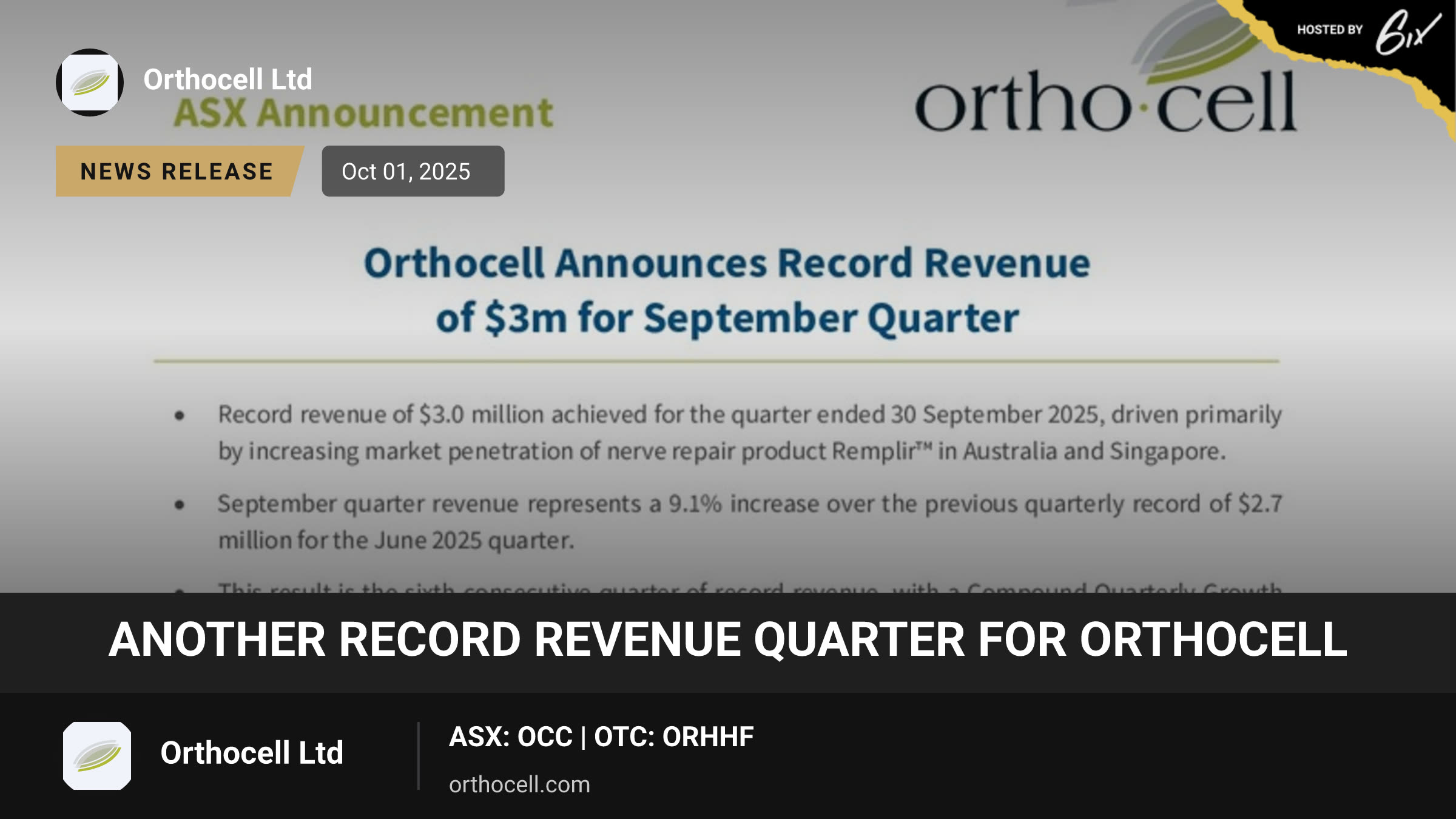Another Record Revenue Quarter for Orthocell