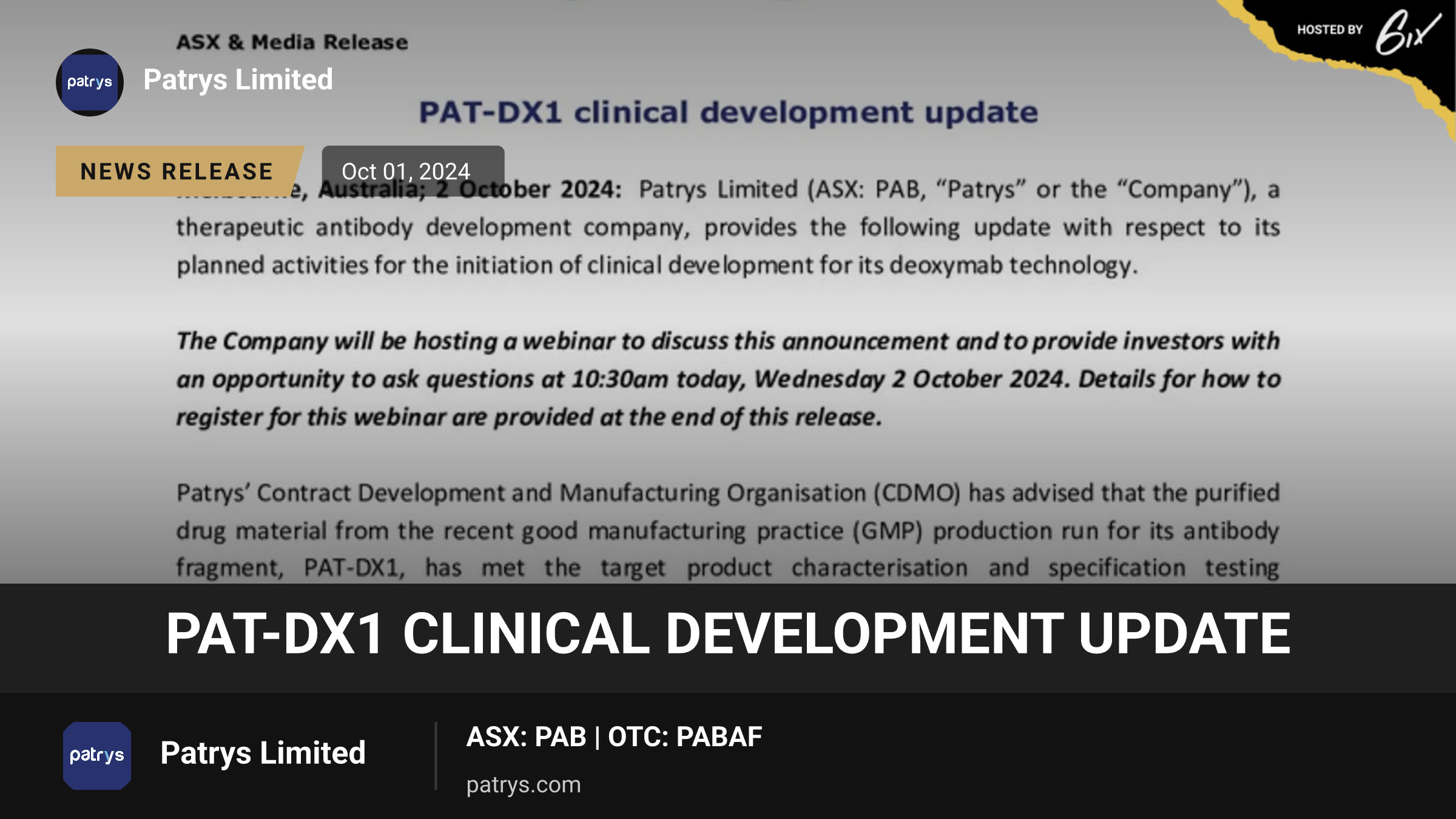 PAT-DX1 clinical development update